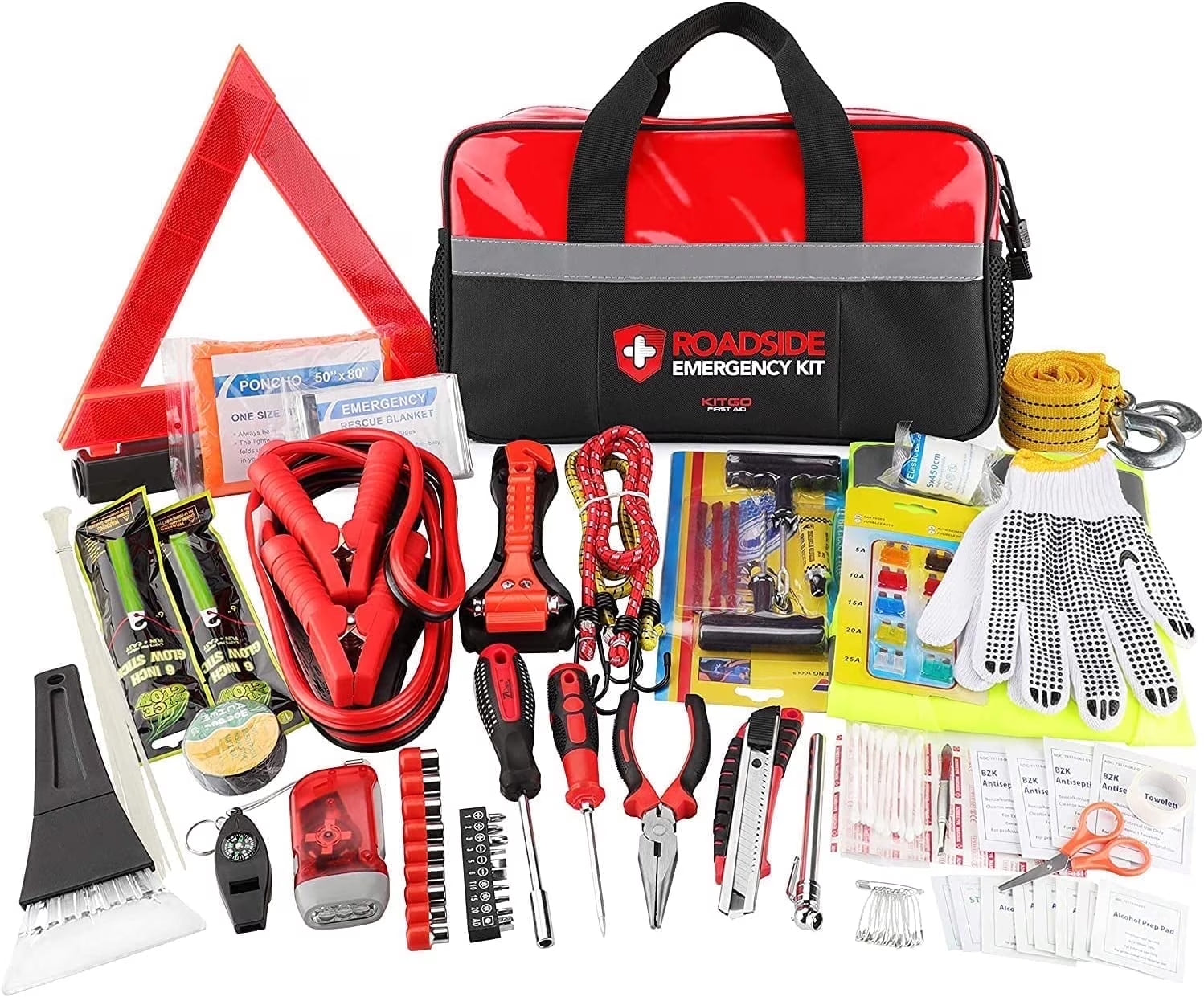Car Emergency Kit, Premium Roadside Rescue Essentials, Ideal Car Road Safety Kit for Trucks, Rvs, Etc. (Red)
