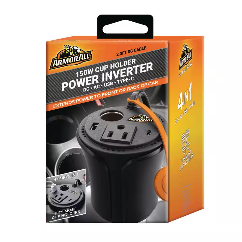 150W Cup Holder Power Inverter, DC AC USB Type-C, Extend Power to Back of Car