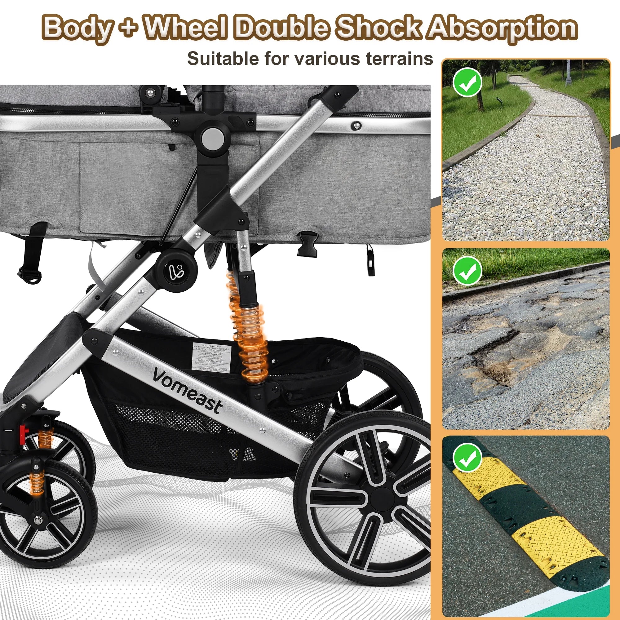 Vomeast Baby Stroller, Foldable Aluminum Alloy Stroller with Reversible, Travel Stroller for Newborn Infant, Grey