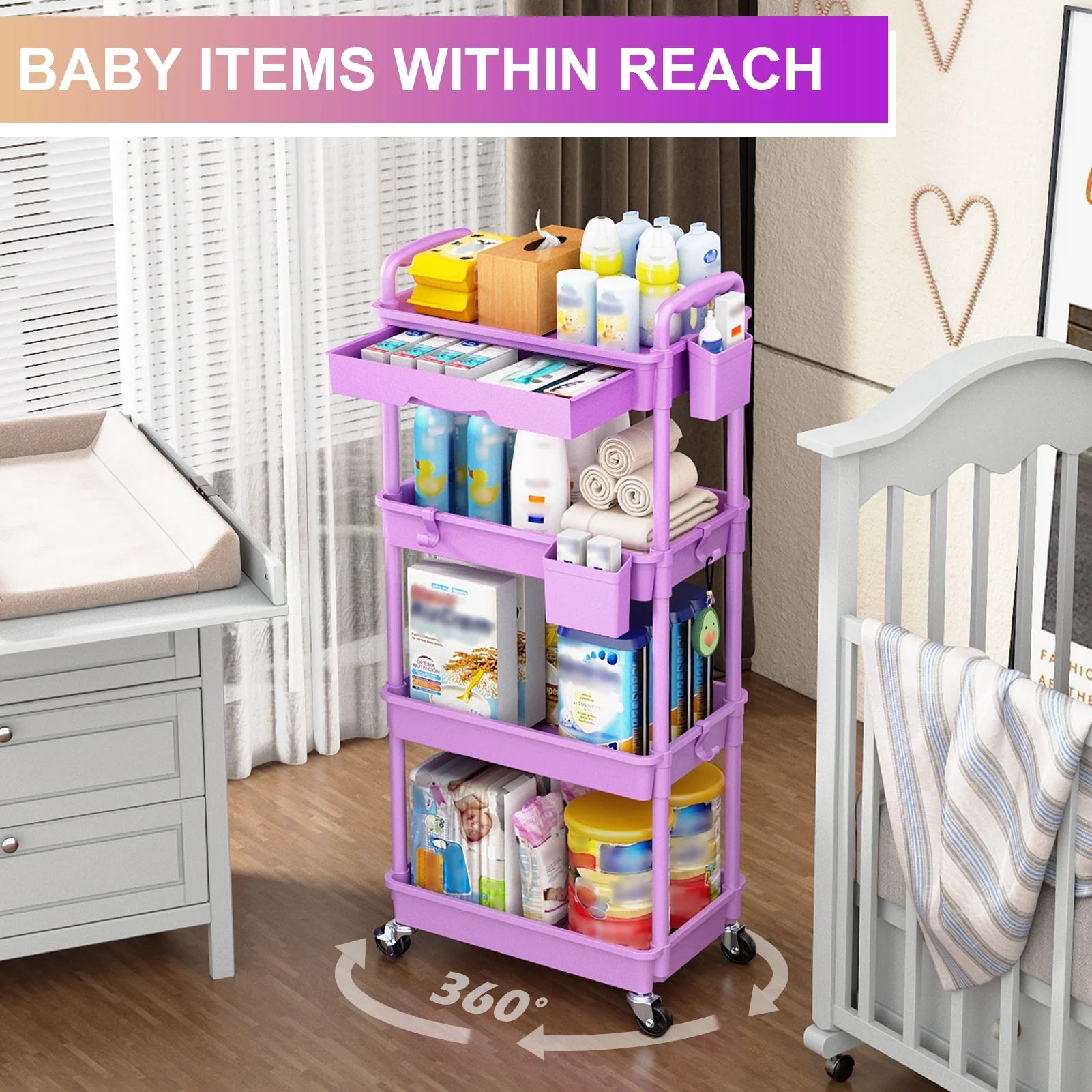 Yeabett 4 Tier Rolling Utility Cart Organizer with Removable Drawer, Mobile Storage Carts with 2 Lockable Wheels for Bathroom, Kitchen, Snack, Craft, Makeup, Baby Essentials，Purple