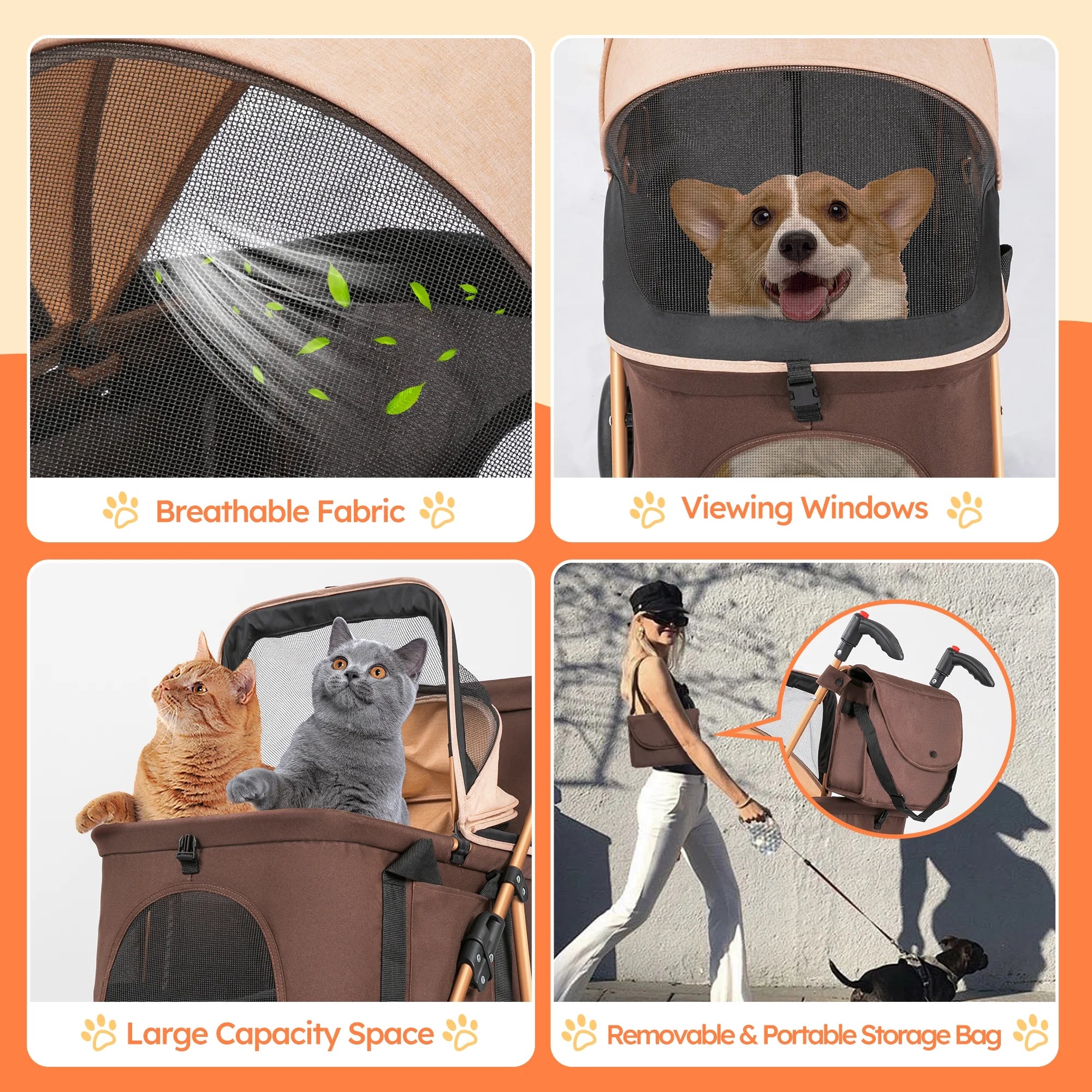 3-In-1 Pet Stroller, Foldable 4-Wheel Cat & Dog Stroller with Detachable Carrier, Canopy and Storage Basket, up to 60Lbs, Brown