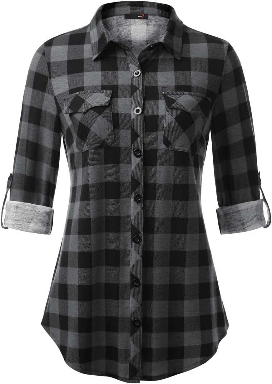 DJT Womens Soft Stretchy Knit Plaid Shirts Roll up Long Sleeve Collared Button down Blouses Tops