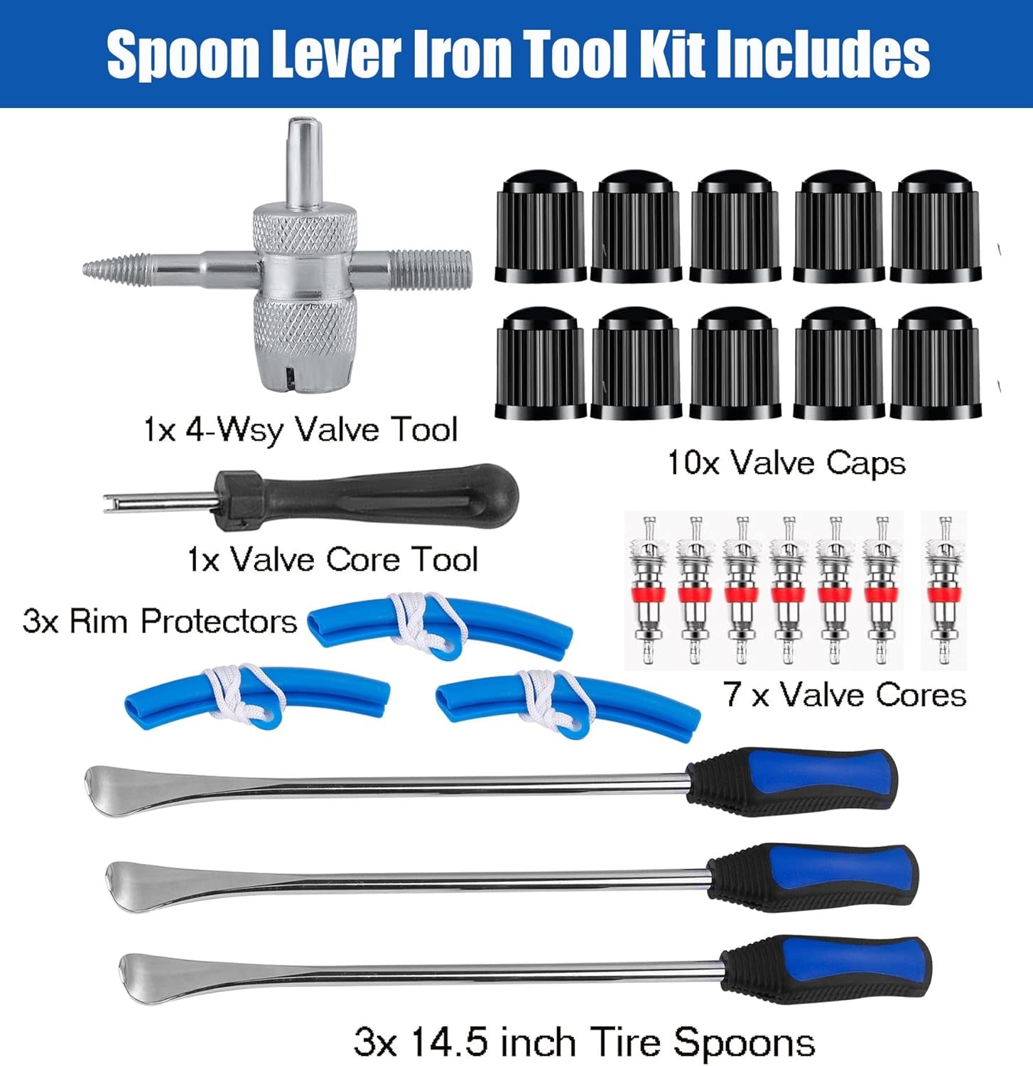 14.5"Tire Spoons Motorcycle Dirt Bike Tire Changing Tools Iron Set ,Tire Spoon Levers Tire Changer Kit for ATV Lawn Mower with Tire Spoons, Rim Protector, Valve Tool ,Valve Cap and Valve Cores