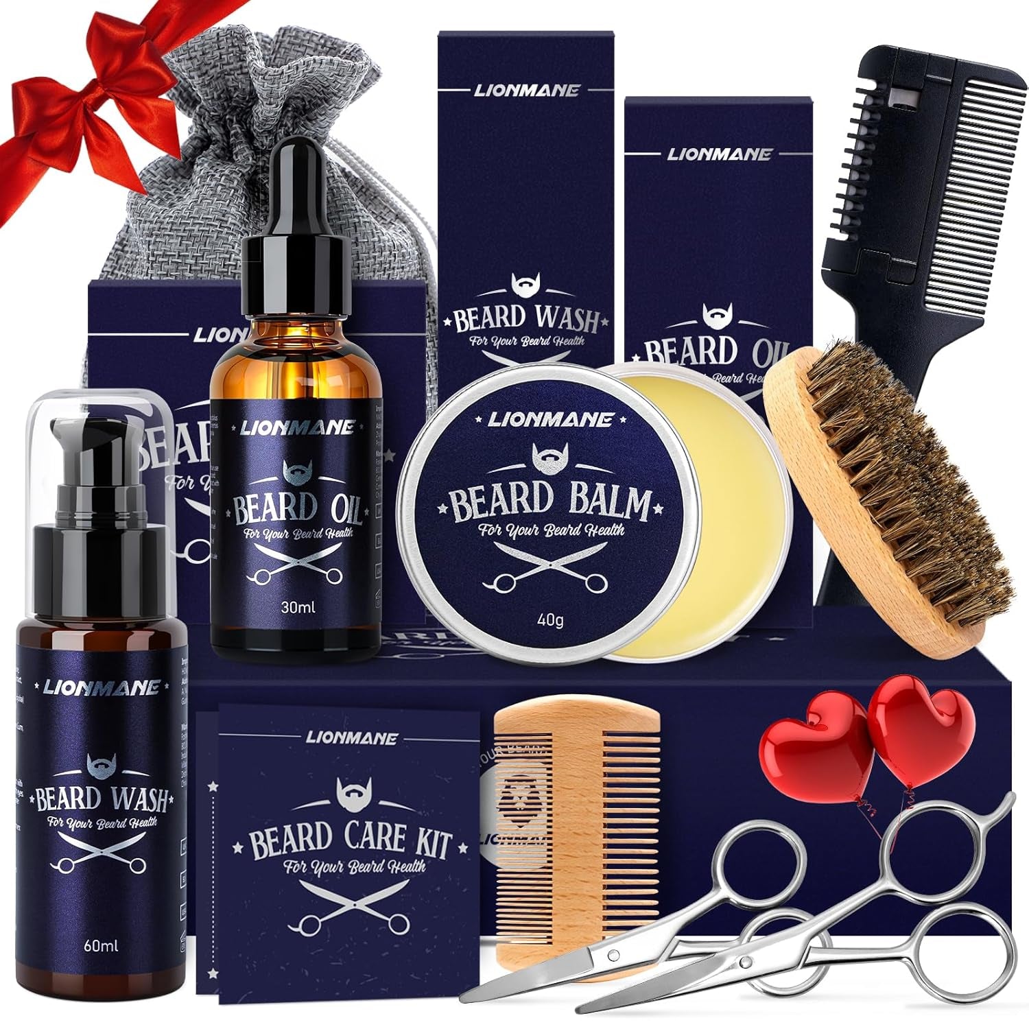 Lionmane Beard Care Gifts Kit for Men, Father’S Day Gifts, Beard Mustache Grooming Kit - Beard Balm, Beard Wash, Beard Oil, Brush, Scissors, Birthday Anniversary Gifts for Husband/Boyfriend/Dad/Him