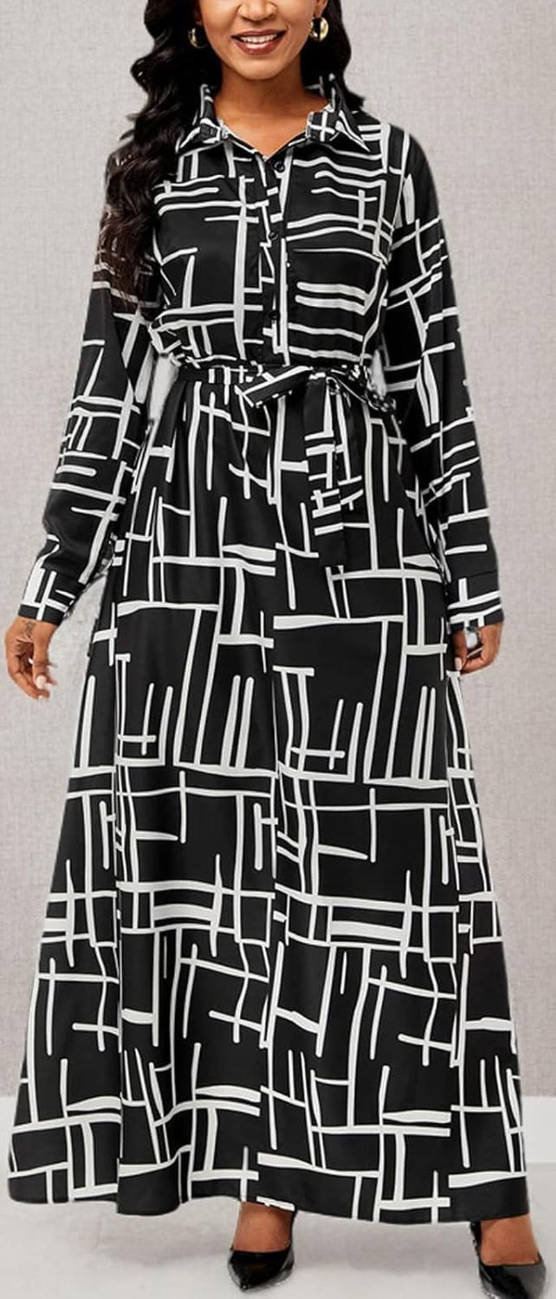 Zonjie Sexy Maxi Dresses for Women Casual plus Size Long Sleeve Button down Loose Party Prom Dress Ladies Outfits with Belt