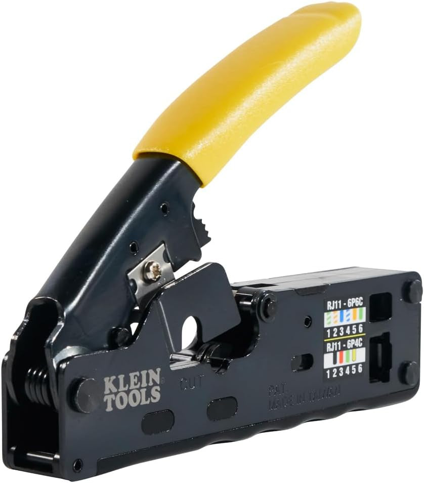 Klein Tools Compact Ratcheting Data Cable Crimper, Wire Stripper & Cutter - Perfect for CAT6, CAT5, CAT3 & Flat-Satin Voice Cables