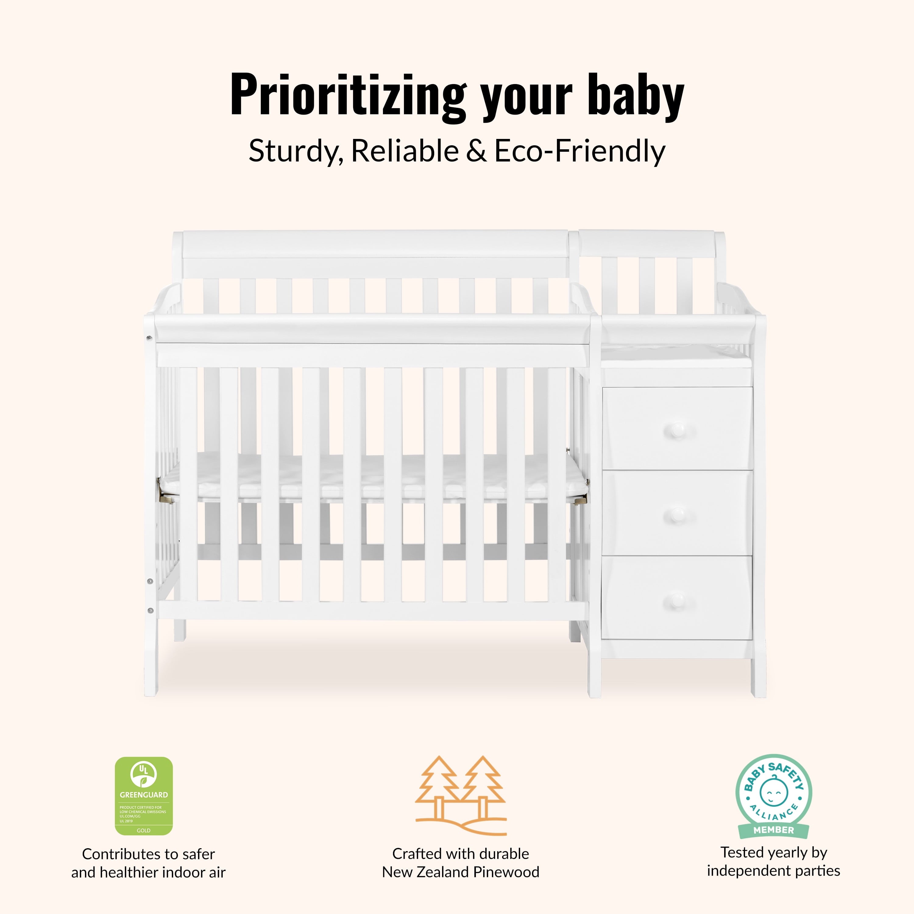 Dream on Me Jayden 4-In-1 Mini Convertible Crib and Changer, White