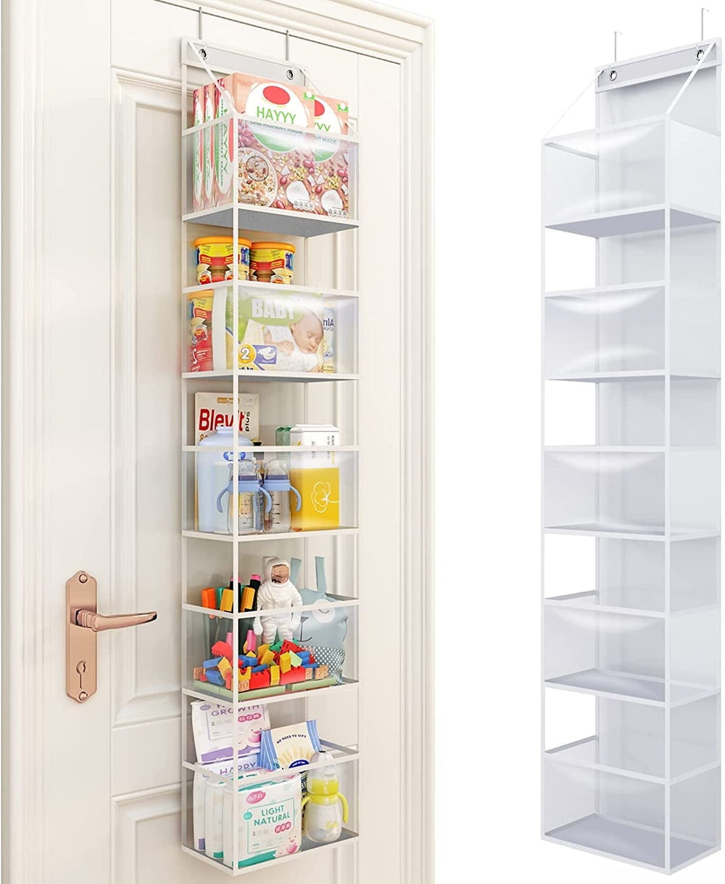 Ohhgo over the Door Hanging Pantry Organizer 6-Shelf behind the Door Storage Organizer with Clear Plastic Pockets Large Capacity for Closet Bedroom Bathroom (White)