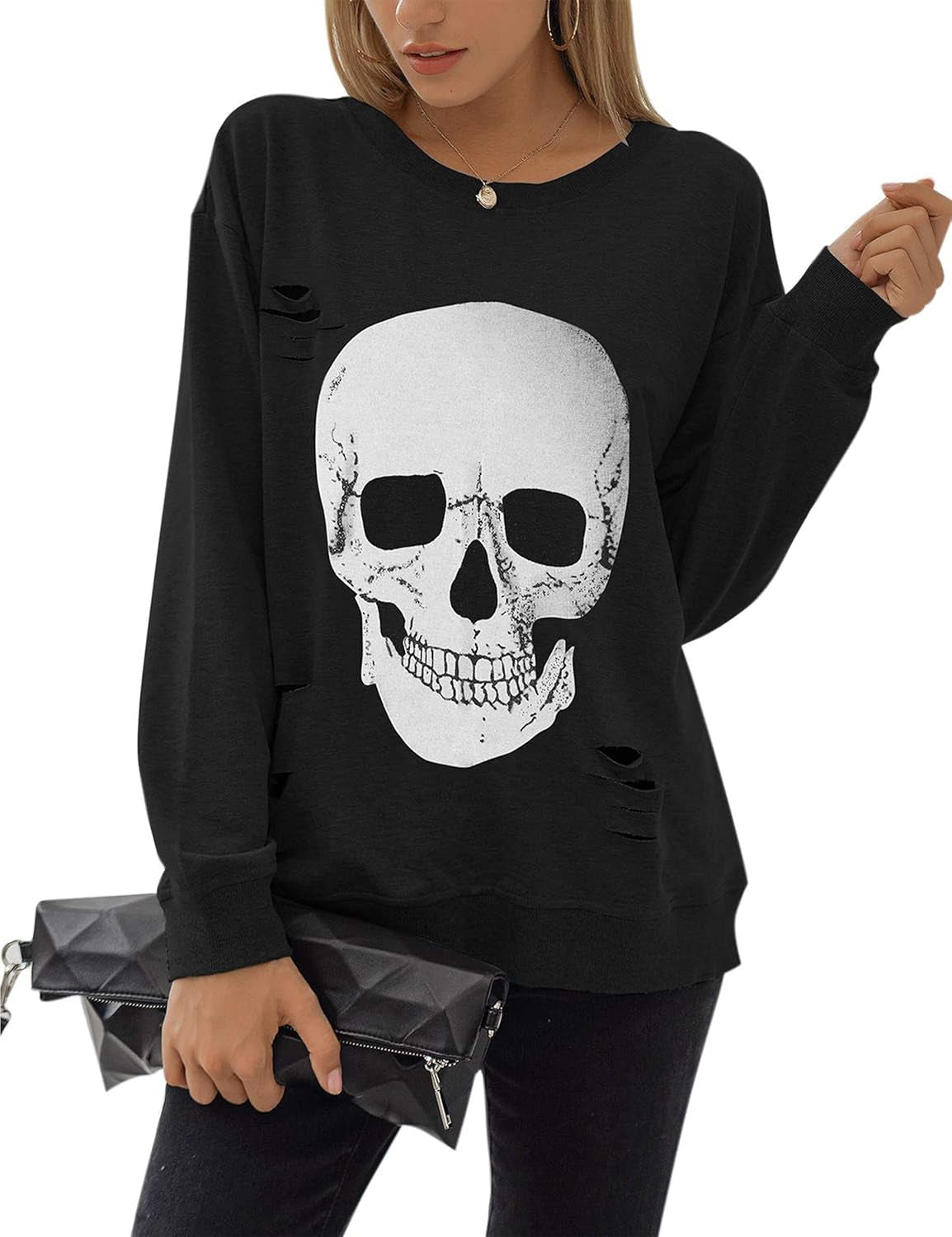Blooming Jelly Women'S Halloween Sweatshirts Skull Graphic T Shirts Long Sleeve Pullover Tops Gothic Fall Clothes 2025