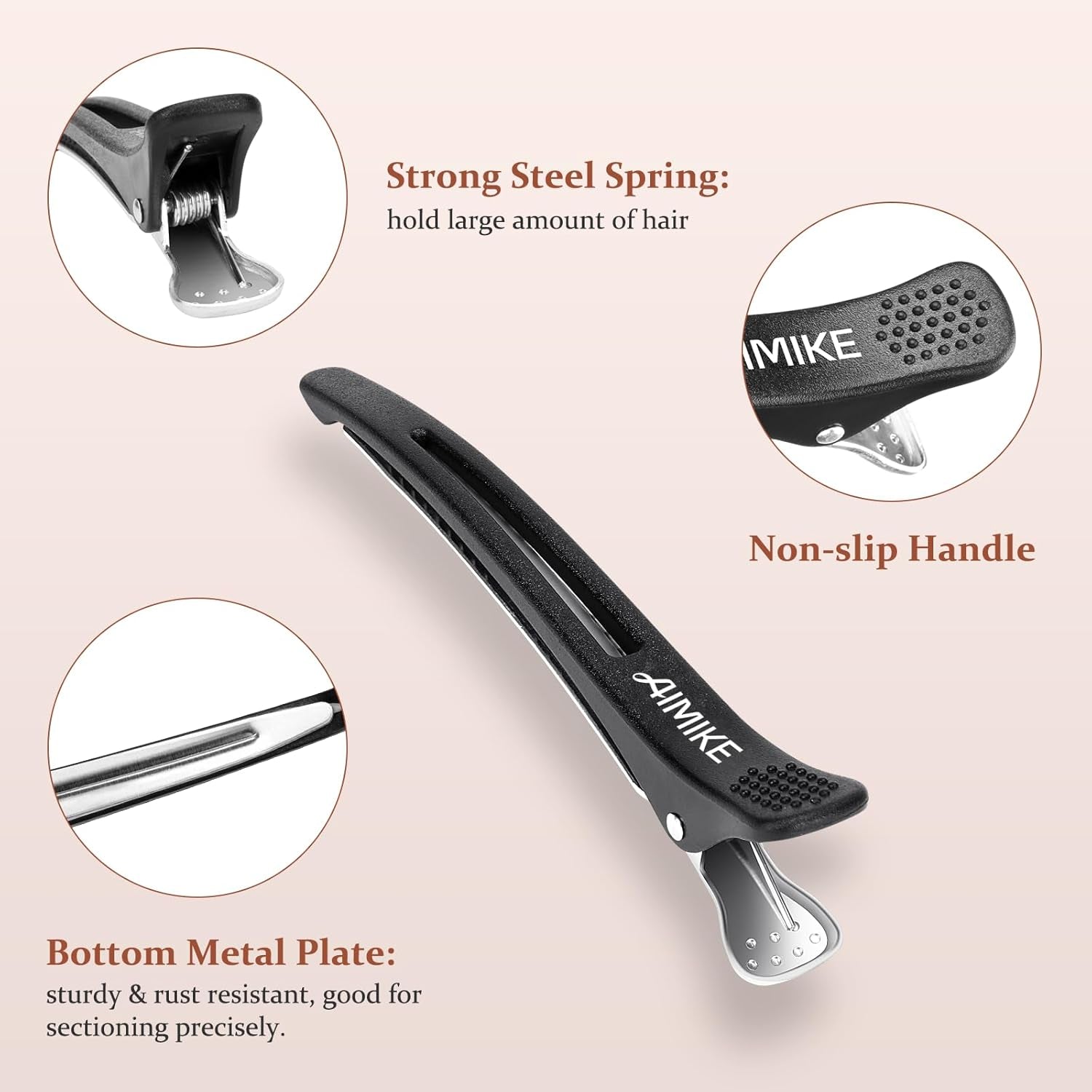AIMIKE 6Pcs Professional Hair Clips for Styling Sectioning, Non Slip No-Trace Duck Billed Hair Clips with Silicone Band, Salon and Home Hair Cutting Clips for Hairdresser, Women, Men - Black 4.3” Long