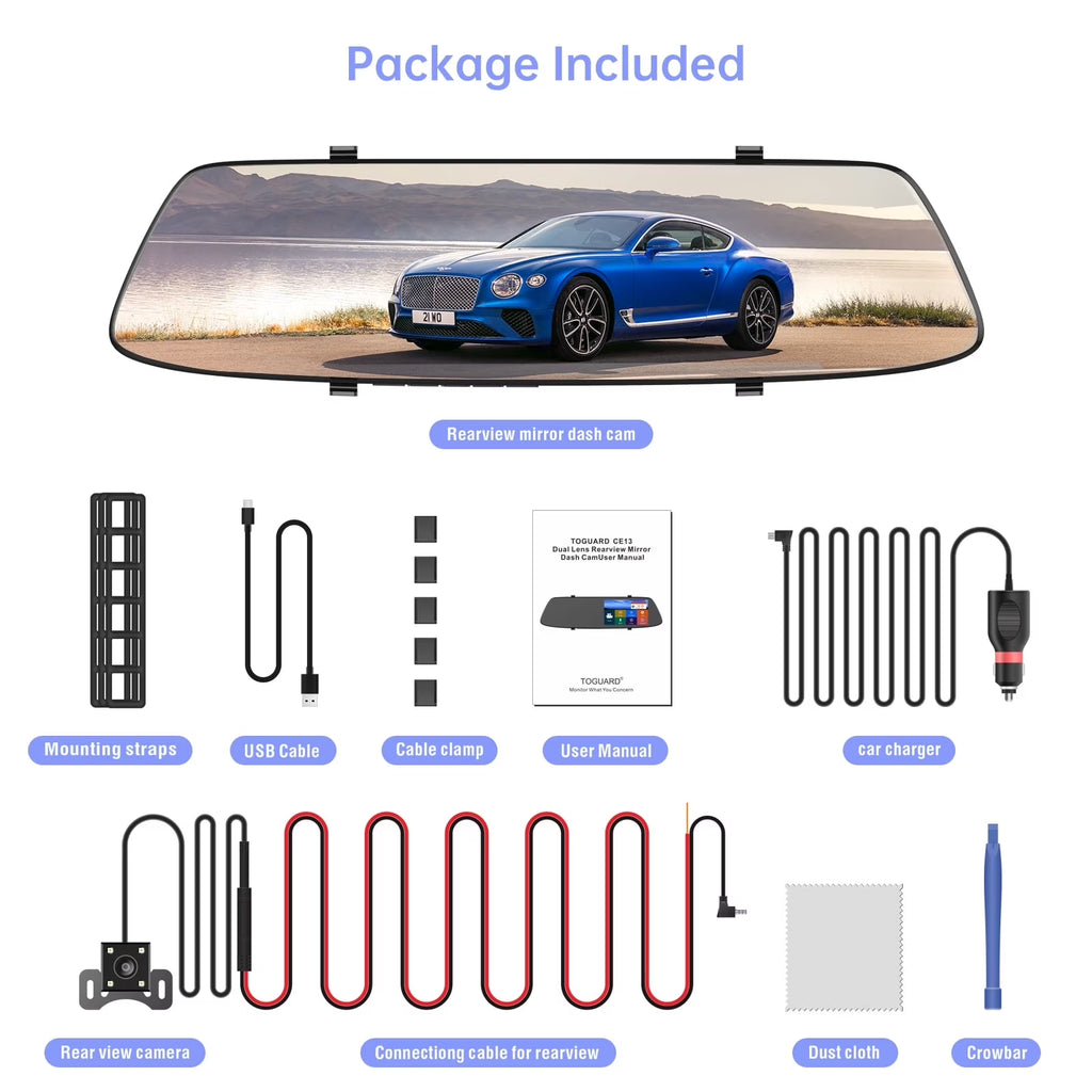 TOGUARD 4.3" Mirror Dash Cam 720P Dual Front and Rear with Touchscreen, 170° Wide Angle, Night Vision, G-Sensor, Loop Recording, 32.8Ft Cable for Suv/Truck