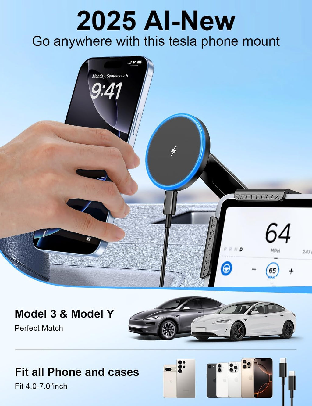 Tesla Car Mount Charger, [Heat Restriction] [LED RGB Handsfree] Wireless Car Phone Holder Charger, Magnetic Phone Holders for Your Car for Tesla Model Y/3/S/X Screen for 17/16/15/14/13/12 Series