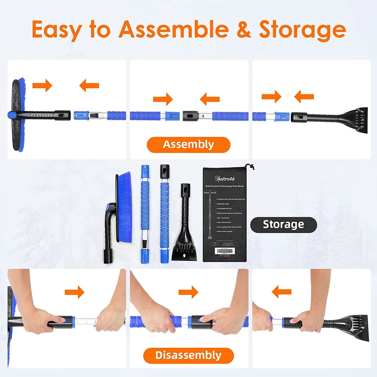 Ice Scraper and Extendable 62.4" Snow Brush, Snow Scraper for Car Windshield with 360° Pivoting Brush Head for Car, Blue