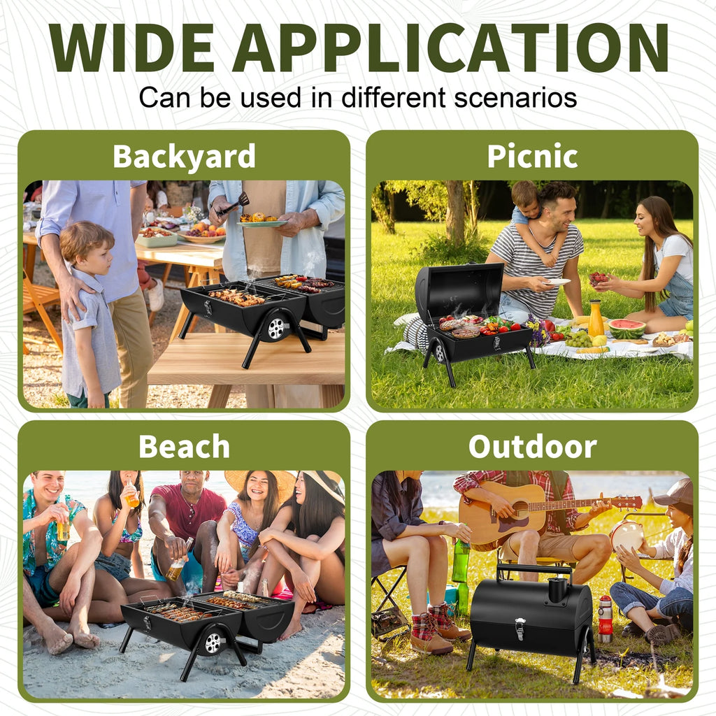 Portable Charcoal Grill, Small Tabletop Barbecue Grill with Tray, Grilling Rack, and Charcoal Rack, Suitable for Outdoor Camping Picnic Backyard Beach - Black