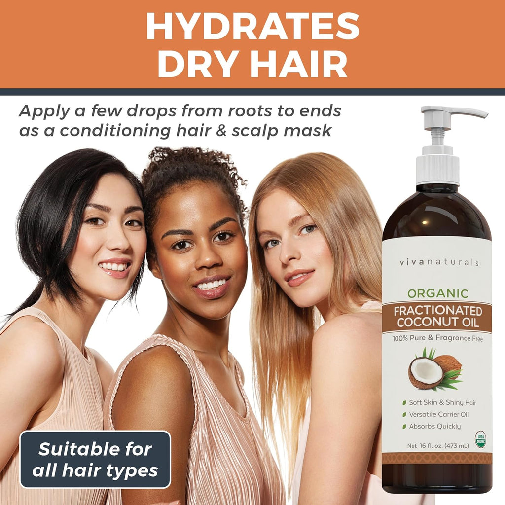 Viva Naturals Organic Fractionated Coconut Oil – 16 Fl Oz Multi-Purpose Moisturizer for Skin, Hair, and Massage, Perfect Carrier Oil for Essential Oils