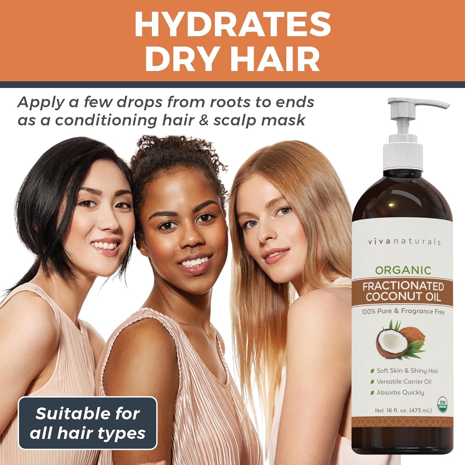 Viva Naturals Organic Fractionated Coconut Oil – 16 Fl Oz Multi-Purpose Moisturizer for Skin, Hair, and Massage, Perfect Carrier Oil for Essential Oils