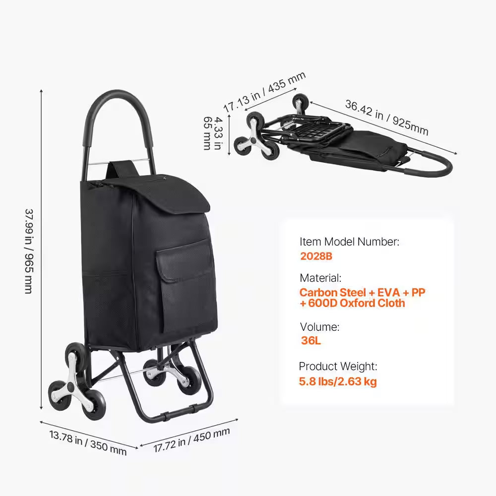 Stair Climber Trolley Dolly,36L Folding Shopping Cart,110Lbs. , Grocery Cart Trolley Laundry Handcart, Black