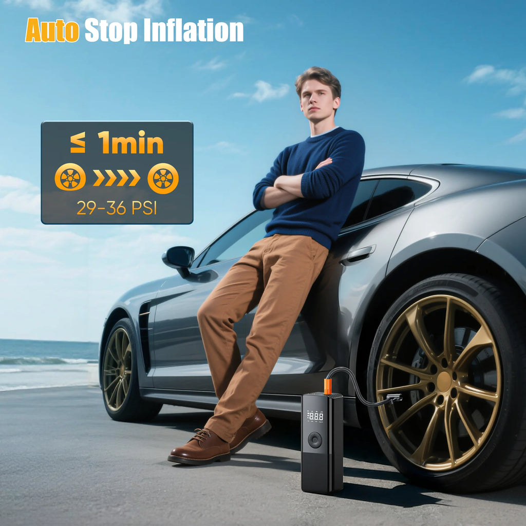 AOMBOO Tire Inflator Portable Air Compressor, for Car Tires with Automatic Shutoff, 150 PSI Digital Pressure Gauge, Emergency LED Light, Cordless and Compact Automotive Pump, Black
