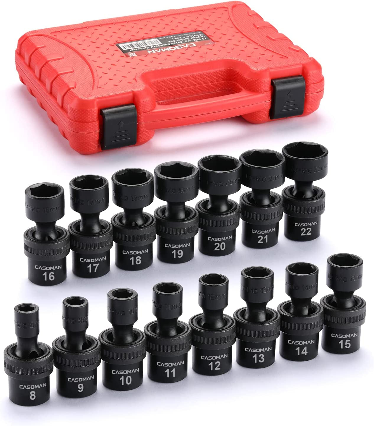 CASOMAN 15-Piece 3/8" Drive Metric Universal Impact Socket Set - 6-Point, 8mm to 22mm