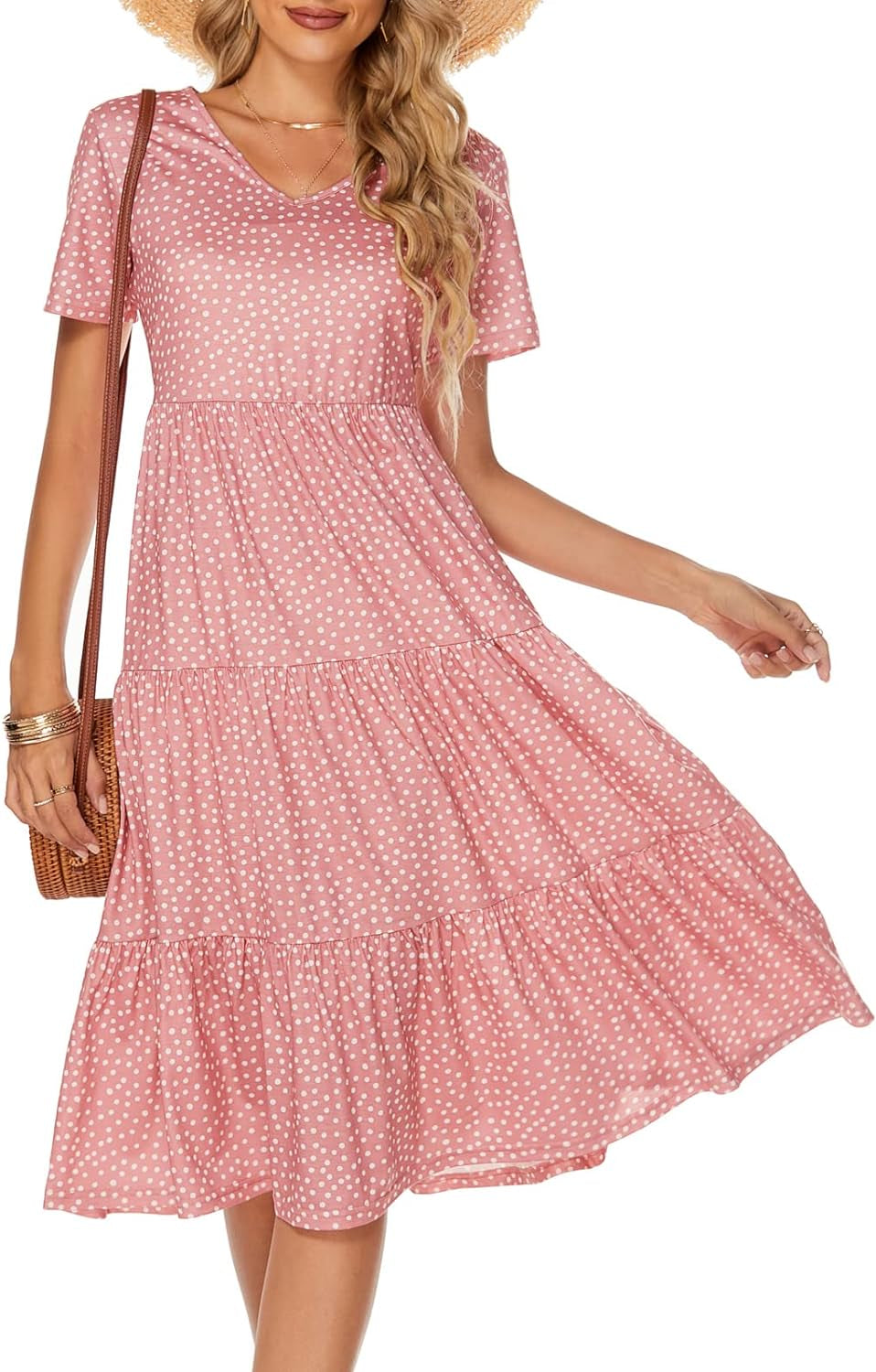 Berydress Women'S Casual Summer Tiered Midi Dress 2025 Short Sleeve V-Neck Loose Cotton Ruffle Babydoll Dress Boho Sundress