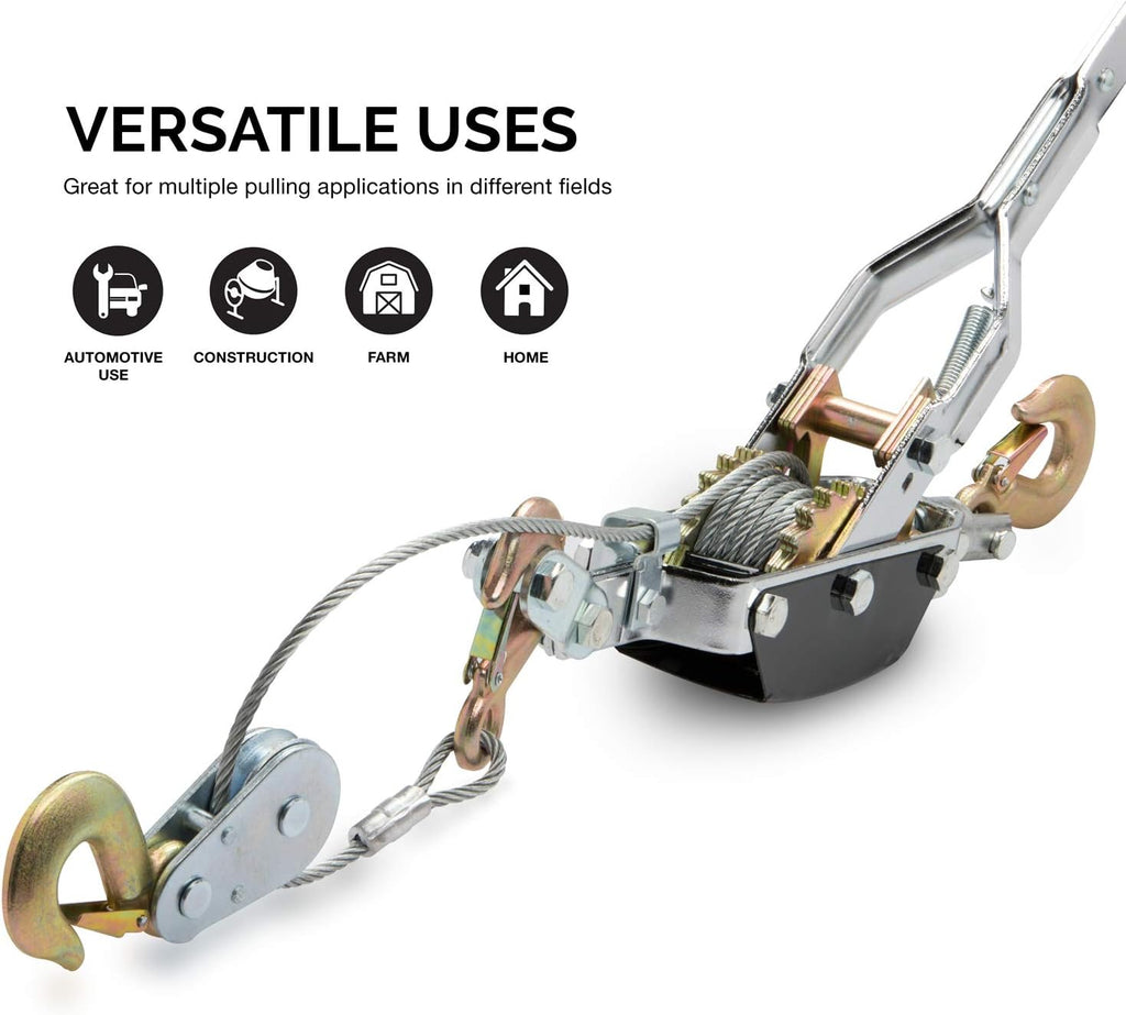 NEIKO 02256A Come along Winch, 5-Ton (10,000 Lbs) Pulling Capacity, 10Ft, 3 Hook, Heavy Duty Power Cable Come along Tool with Dual Gears, Hand Winch Cable, Automotive Hoist Winch Puller, Recovery Gear