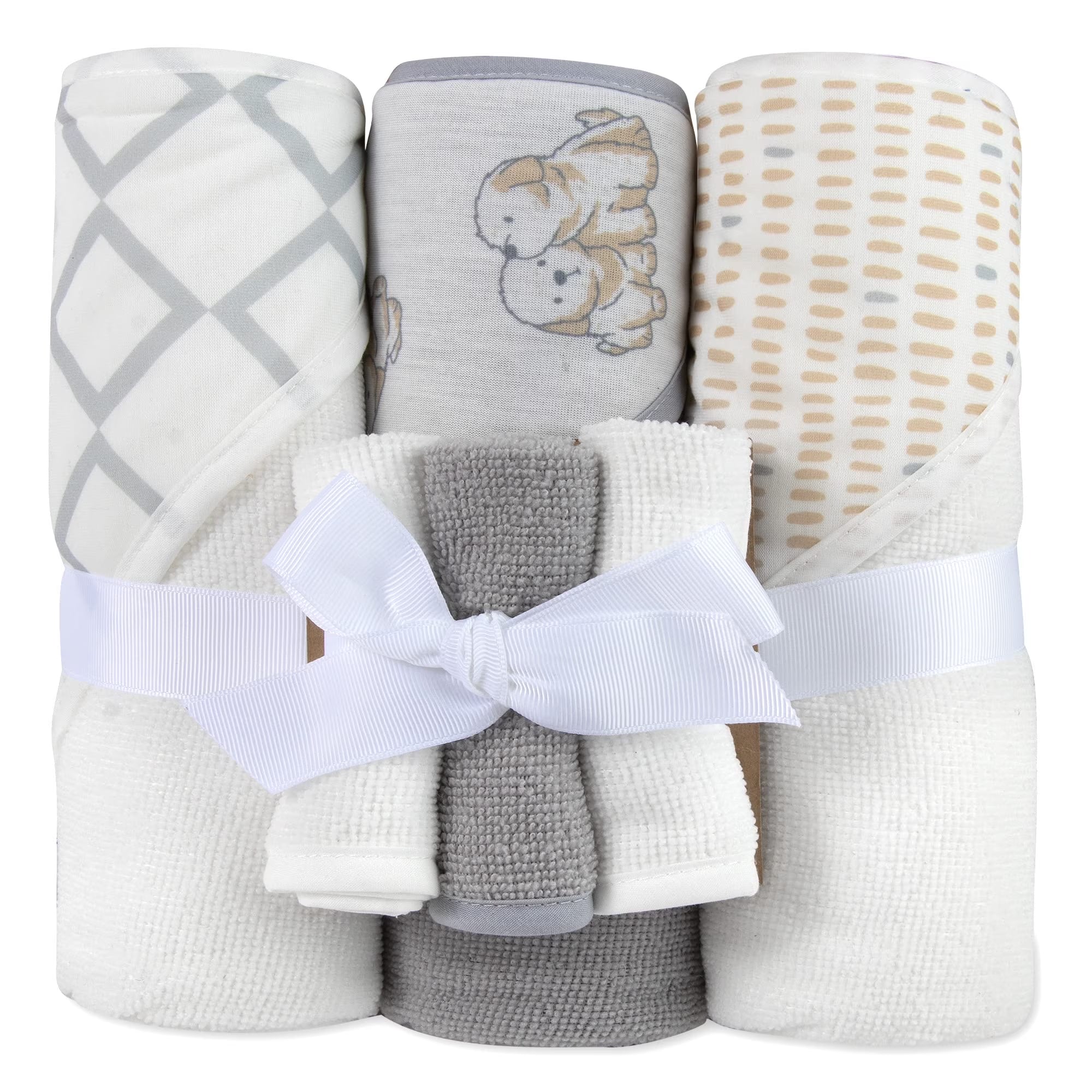 Baby Essentials 6 Piece Hooded Bath Towel Washcloth Set for Infant, Newborns, Toddlers 3 – 24 Months for Bath Time, Showers, Lounge, Beach, Pool in Dinosaurs & Stripes