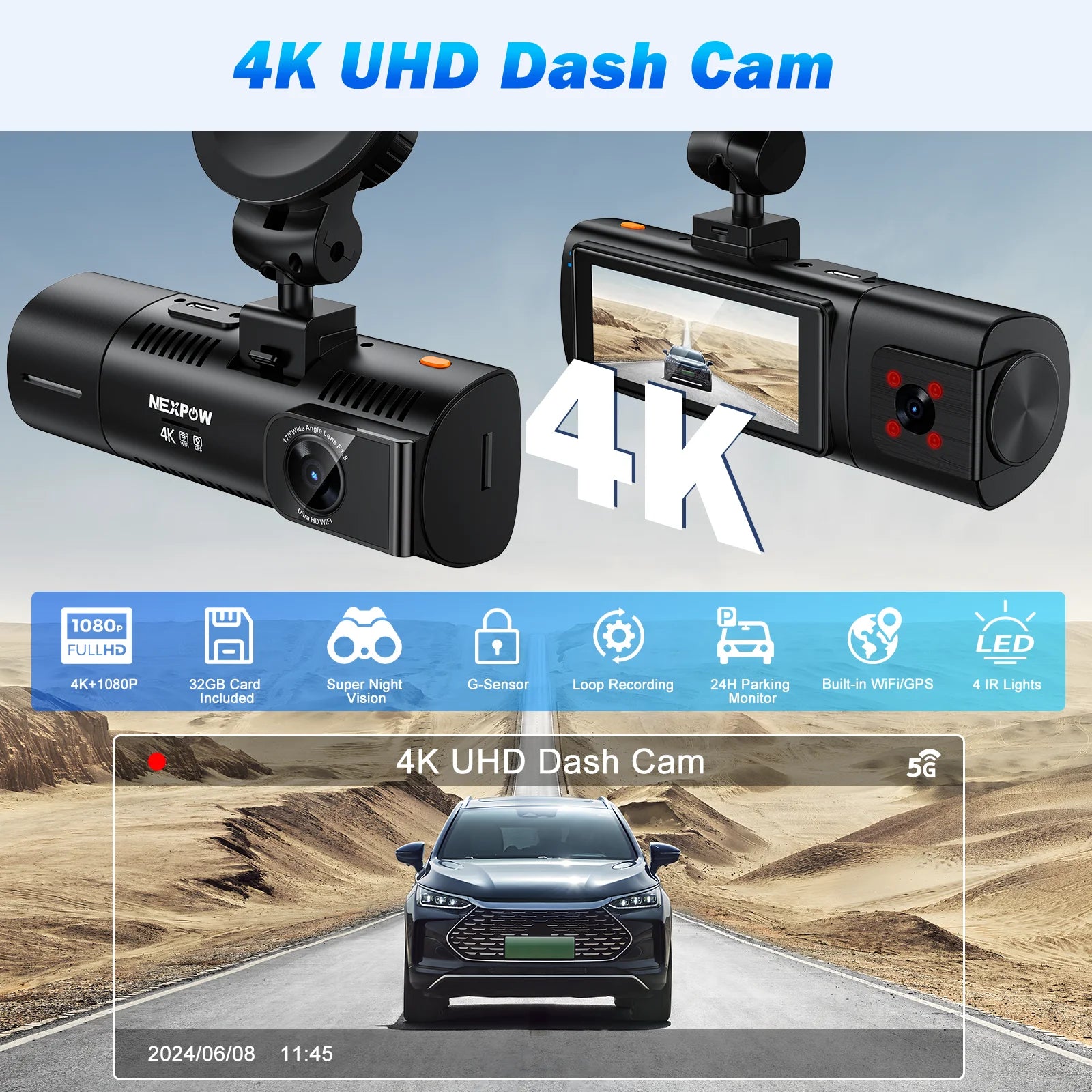 NEXPOW Dash Cam Front and Rear, 4K Full HD Dash Camera with Built-In Wifi GPS, Super Night Vision, WDR, 24H Parking Mode, 32GB Card Included
