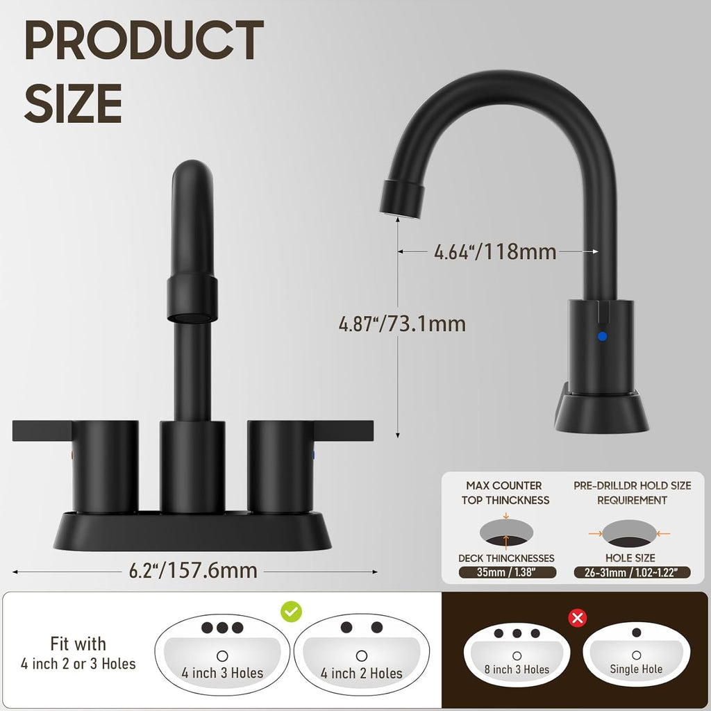 Modern Matte Black 4-Inch Bathroom Faucet with 360° Swivel Spout, Pop-Up Drain & Water Supply Lines - Phiestina Bf015-1-Mb