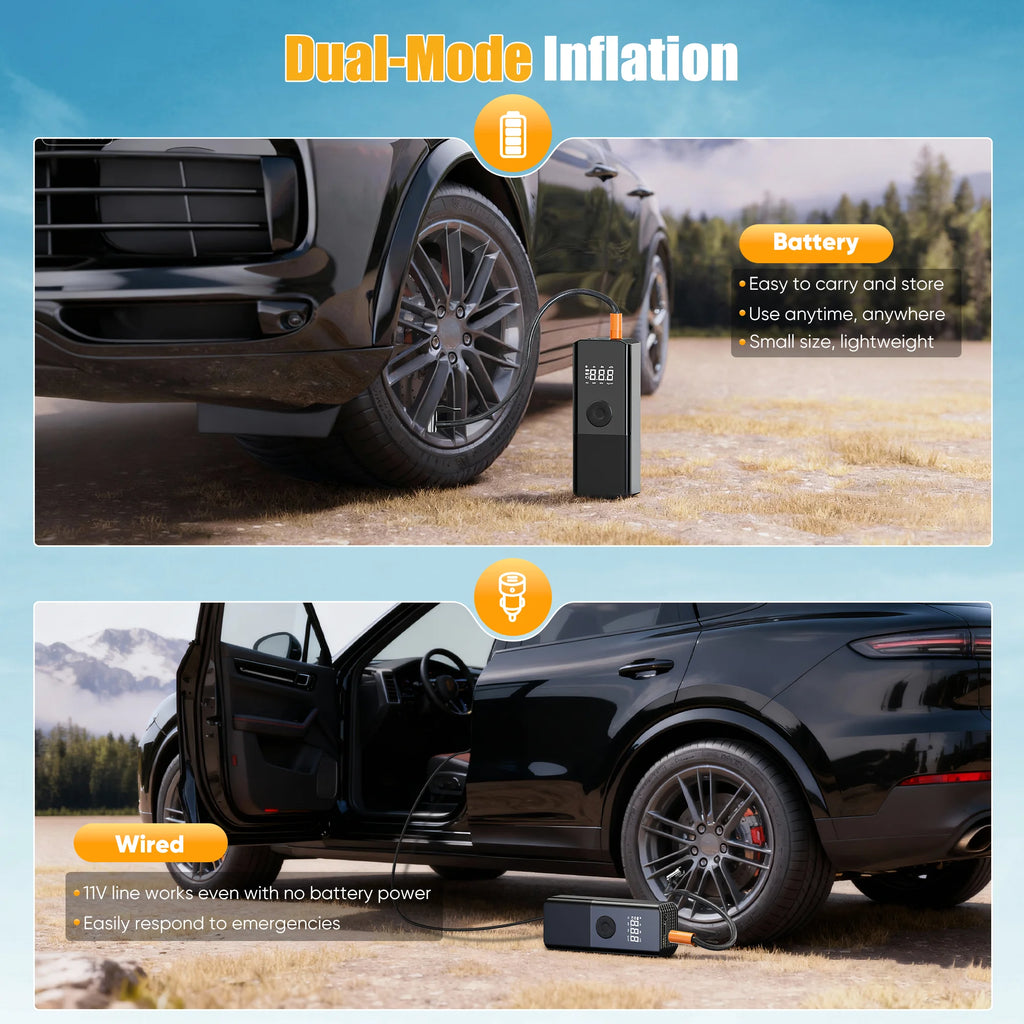 AOMBOO Tire Inflator Portable Air Compressor, for Car Tires with Automatic Shutoff, 150 PSI Digital Pressure Gauge, Emergency LED Light, Cordless and Compact Automotive Pump, Black
