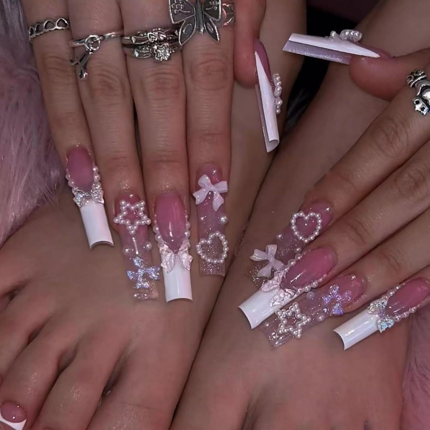 MISUD Long Square Press-On Nails - Black French Tip with Acrylic Flower Rhinestone Design, 24 Pcs
