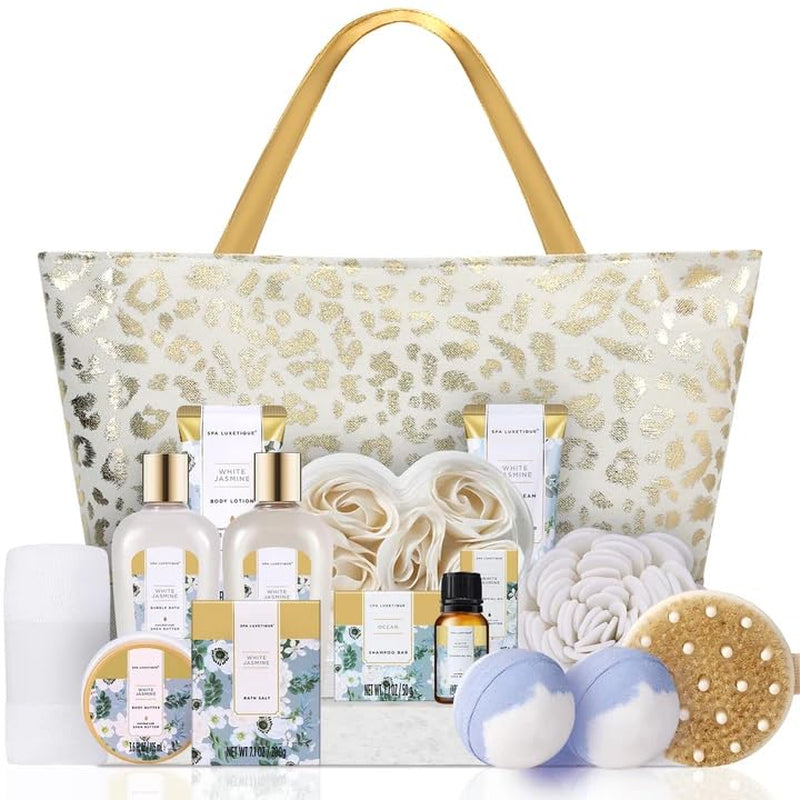 Indulge in Luxury: Spa Luxetique 15-Piece White Jasmine Gift Basket - Perfect Relaxation Kit for Women - Ideal Birthday, Mother's Day, and Special Occasion Gift for Mom, Sister, Wife, or Grandma