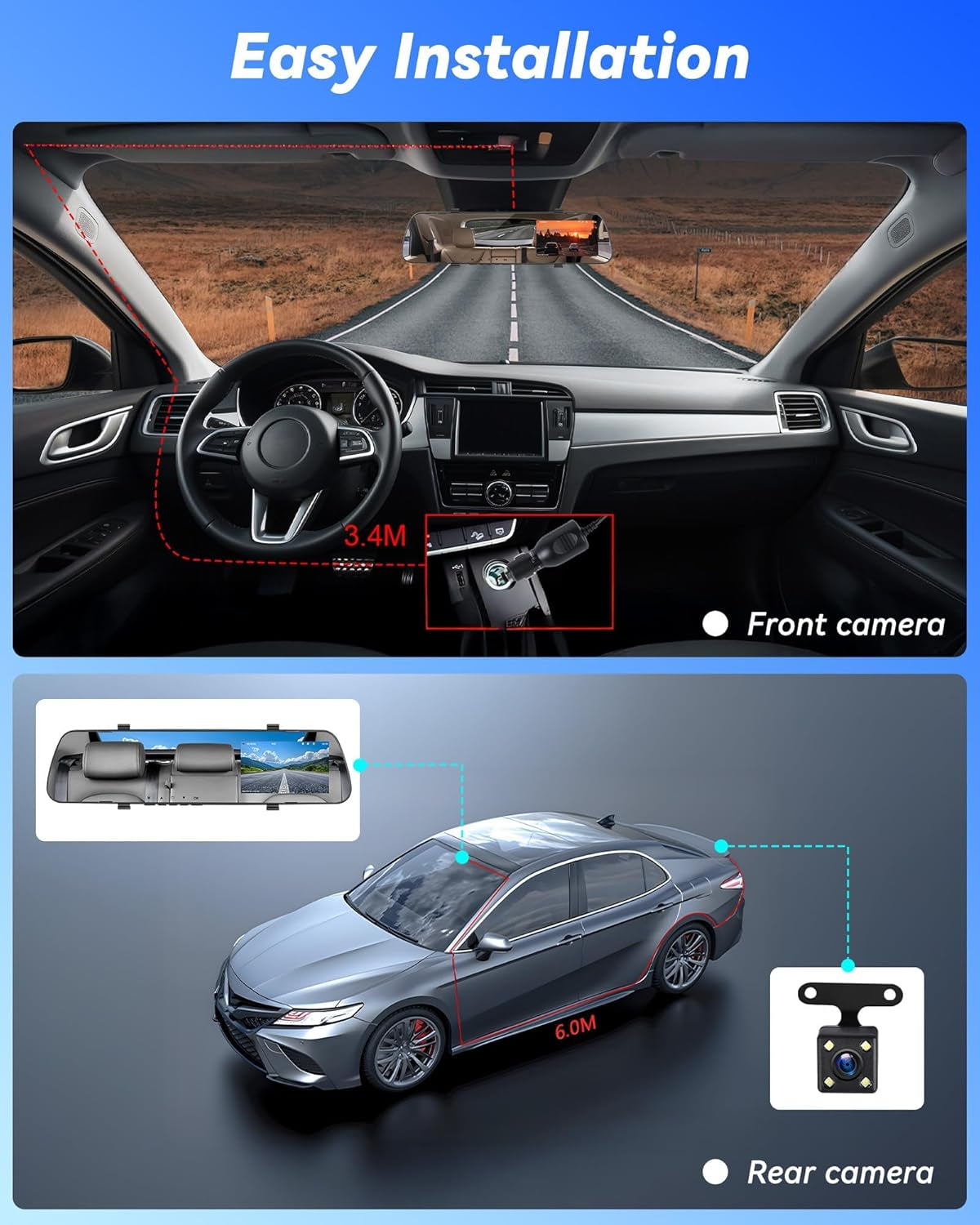 4 Inch Mirror Dash Cam,1080P Rear View Mirror Camera for Cars,Dual Dash Cameras Front and Rear HD Night Vision,24H Parking Monitoring,Loop Recording, Motion Detection,Reversing Assistance,32Gb TF Card