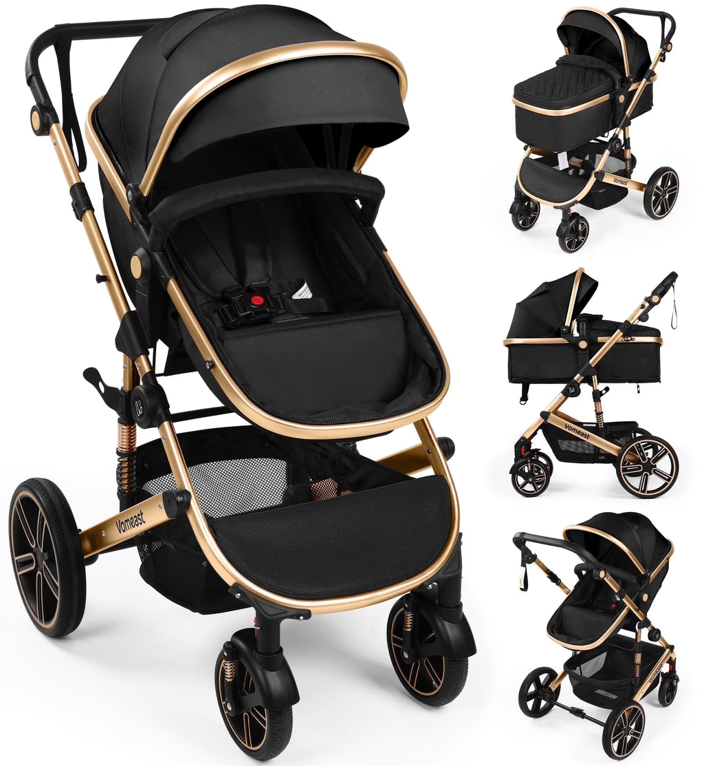 Vomeast Baby Stroller, Foldable Aluminum Alloy Stroller with Reversible, Travel Stroller for Newborn Infant, Black