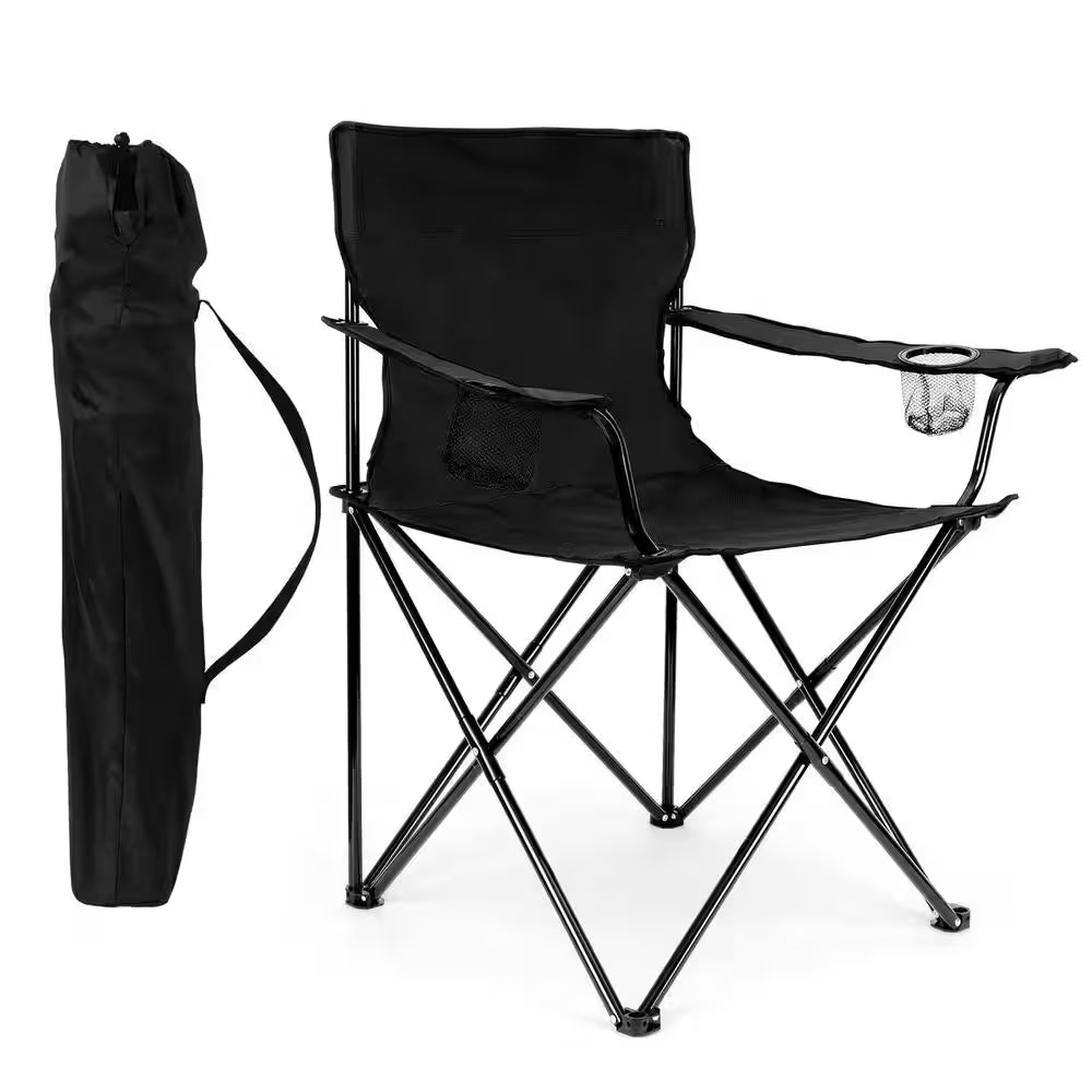 Camping Chair with Cup Holder Black Alloy Steel Chair