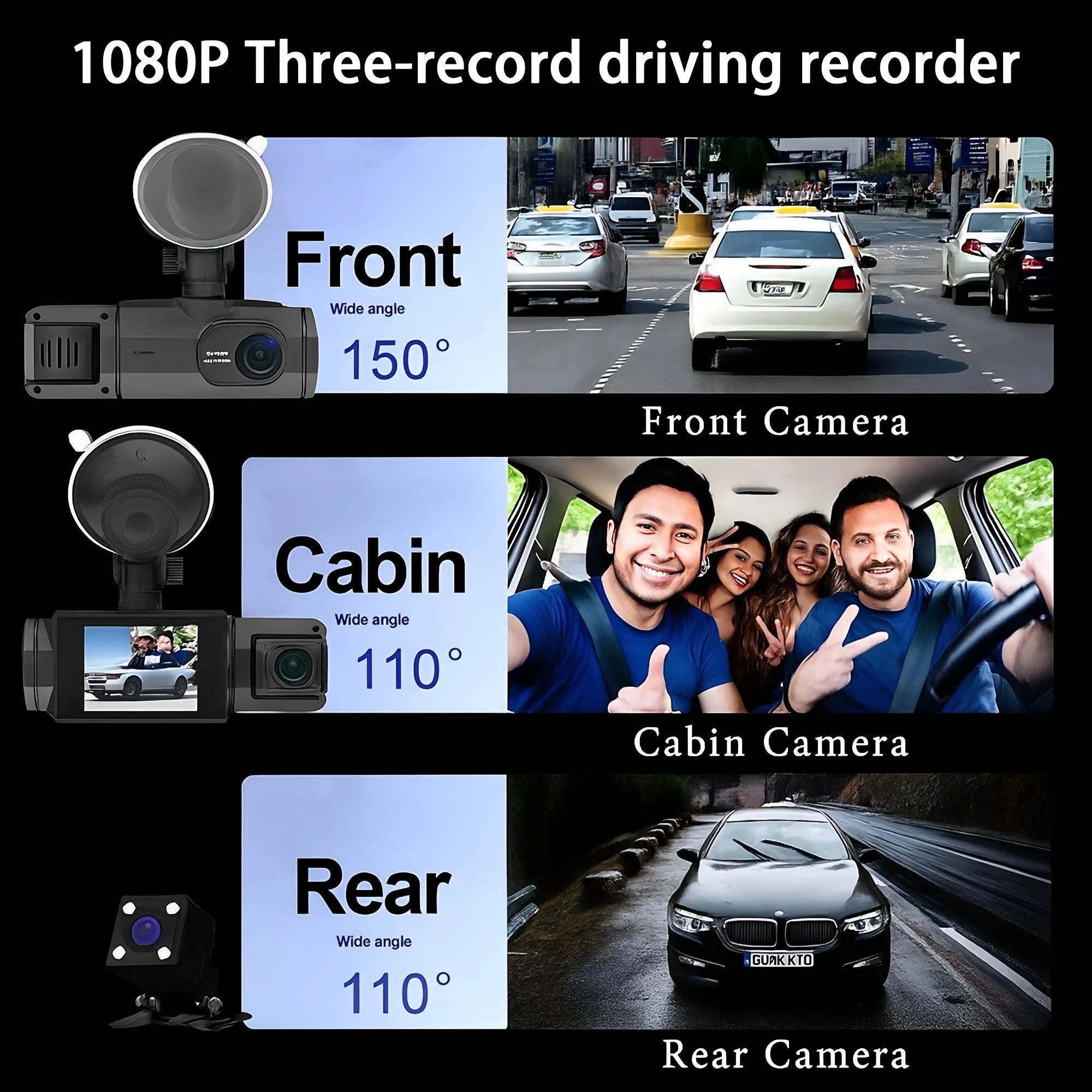 TIKBBRMG Dash Cam Front and Rear,Triple Camera,1080P Full HD Dashcam for Cars Backup Camera,Included 64GB Card,Built-In Wi-Fi GPS,2” IPS Screen, Night Vision, 140°Wide Angle,Wdr, 24H Parking Mode