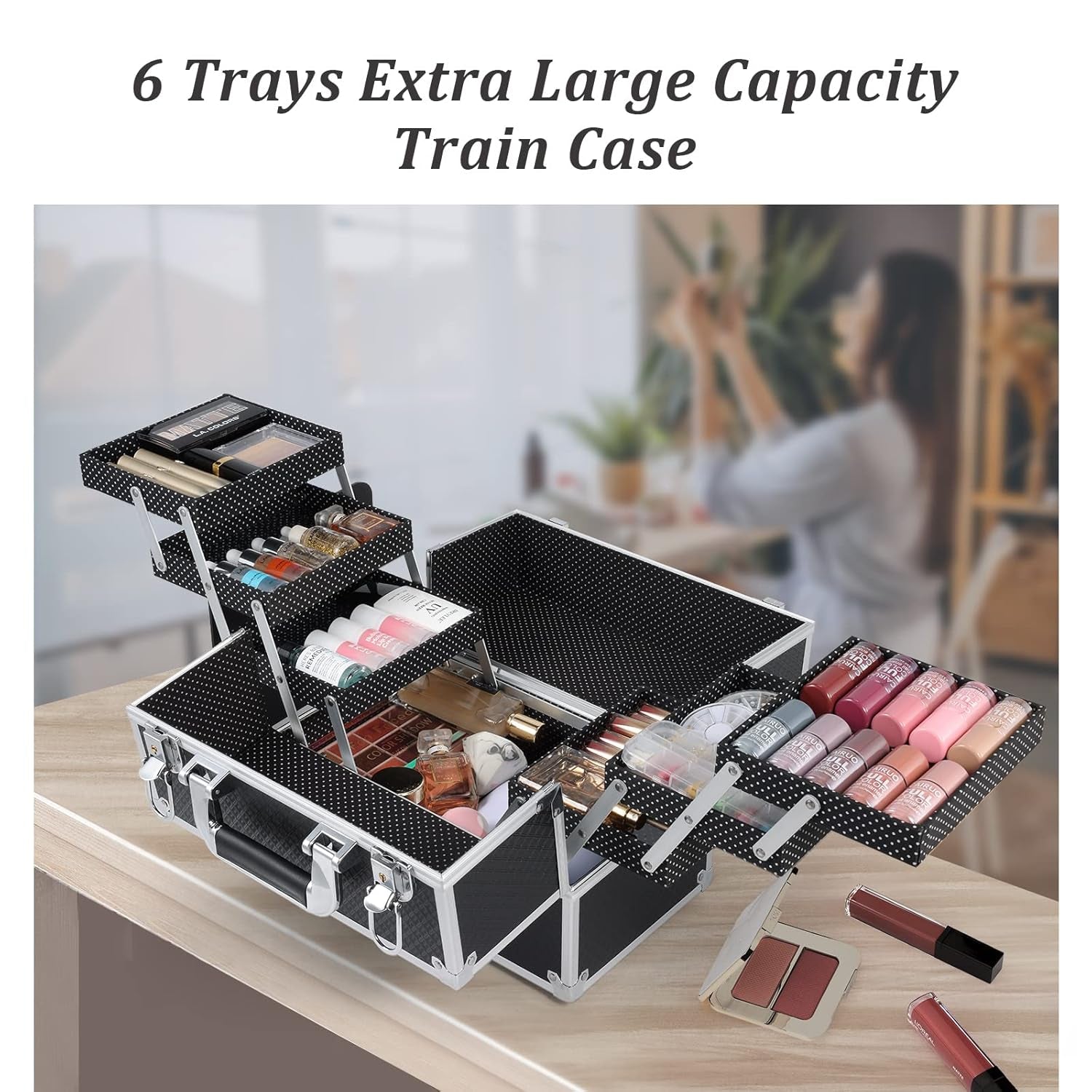 FRENESSA Makeup Train Case Makeup Case 11.8 Inch Large Cosmetic Box Organizer Travel Storage Professional Make up Train Carrying Case with 6 Trays Locking Hard Vanity Storage Black