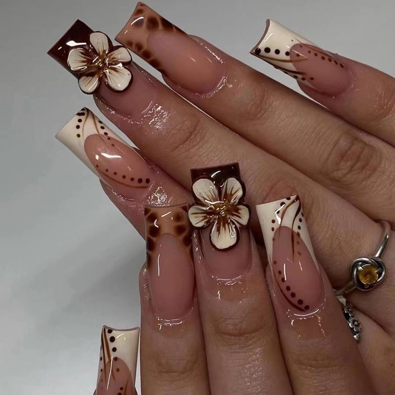 MISUD Long Square Press-On Nails - Black French Tip with Acrylic Flower Rhinestone Design, 24 Pcs