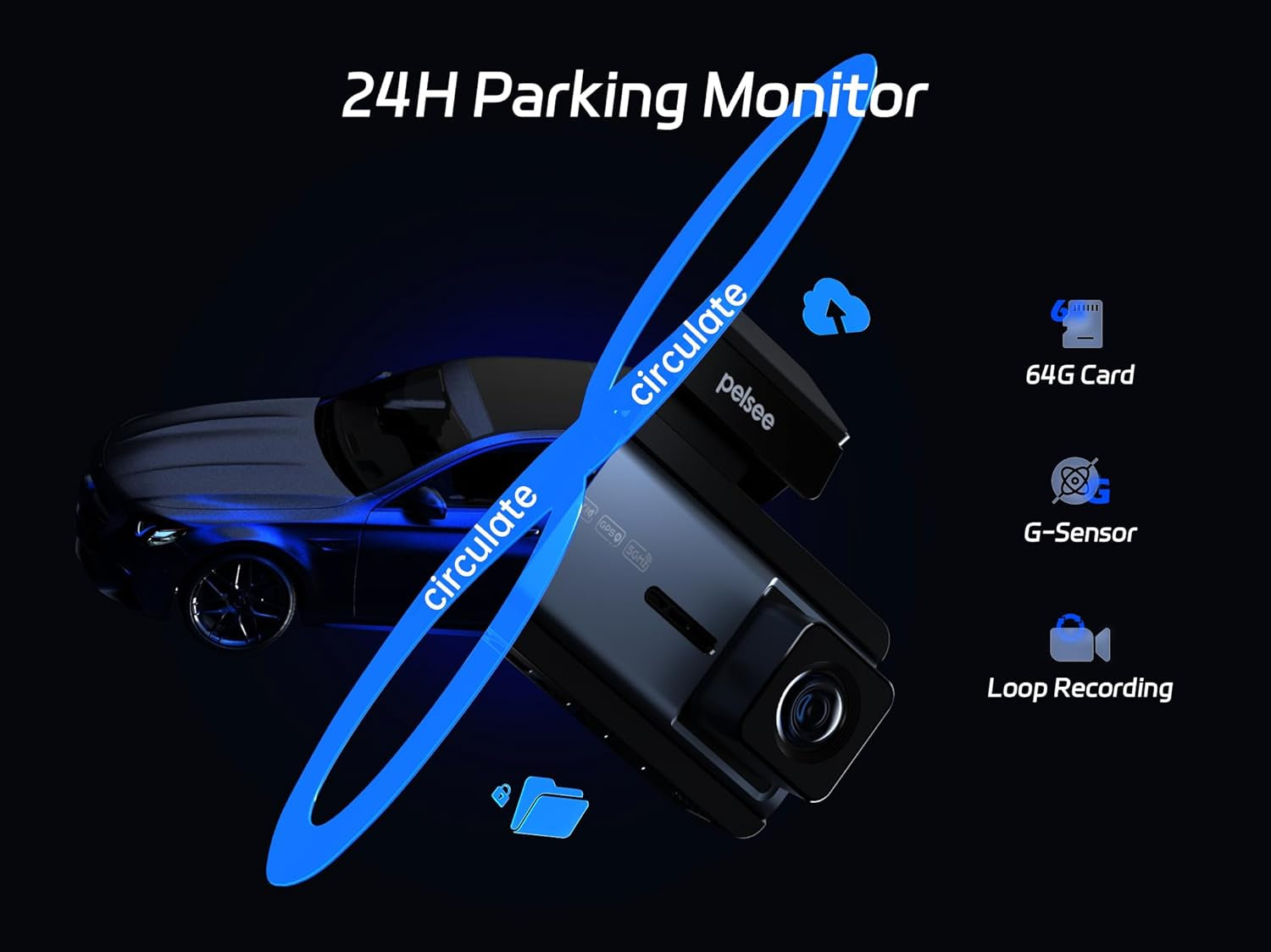 Pelsee 4K Dash Cam Front and Rear, 64GB SD Card, Dual Dash Camera for Cars with Wi-Fi, GPS, ADAS, BSD, LCA, 3’’ IPS Display Car Camera, APP & Voice Control, Night Vision, 24H Parking Mode
