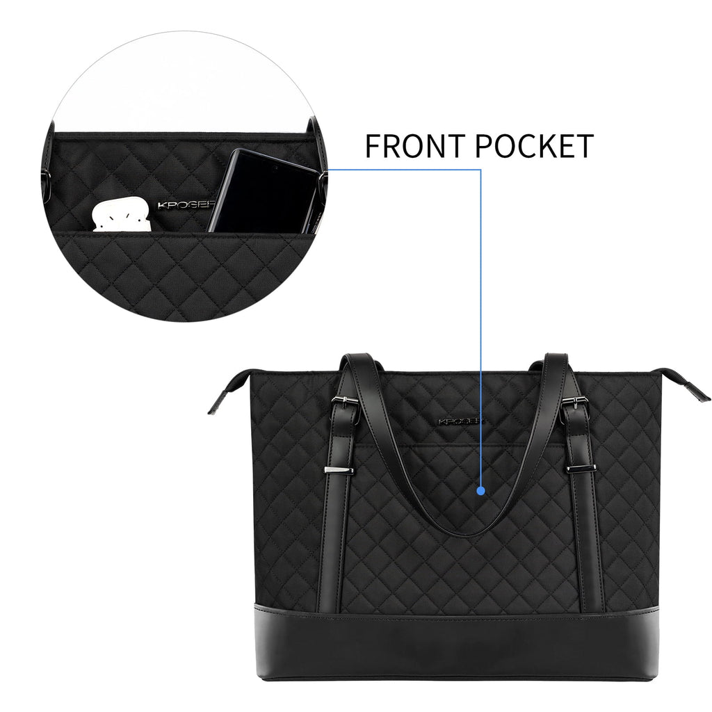 KROSER 15.6" Quilt Laptop Tote Bag, Computer Shoulder Bag, Black