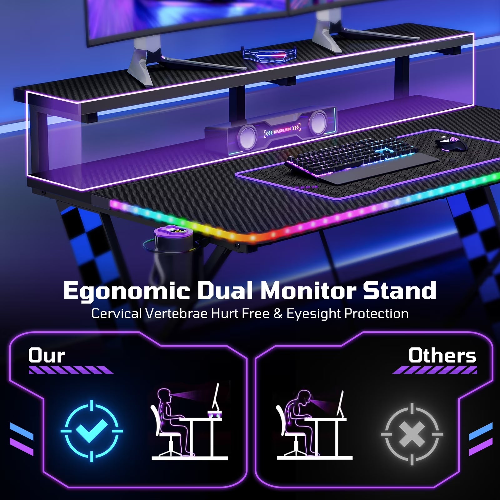 43" Music Sync LED Gaming Desk,X-Shape Ergonomic Monitor Stand Gamer Table,Pc Desk with Dynamic Lighting,Color Changing Office Desks,Blue Racing