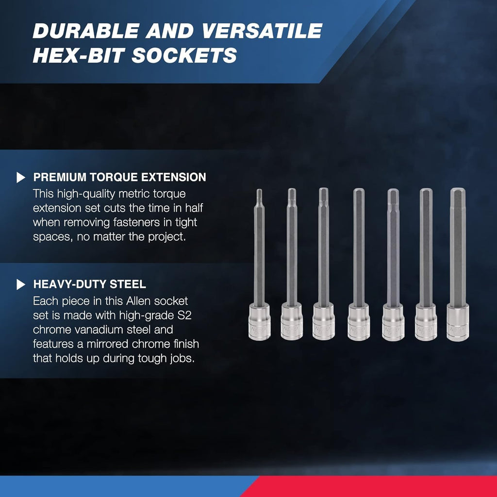 Neiko 10072A 7-Piece Extra Long Allen Hex Bit Socket Set - 3/8-Inch Drive, SAE, Durable S2 & Cr-V Steel, 1/8-Inch to 3/8-Inch