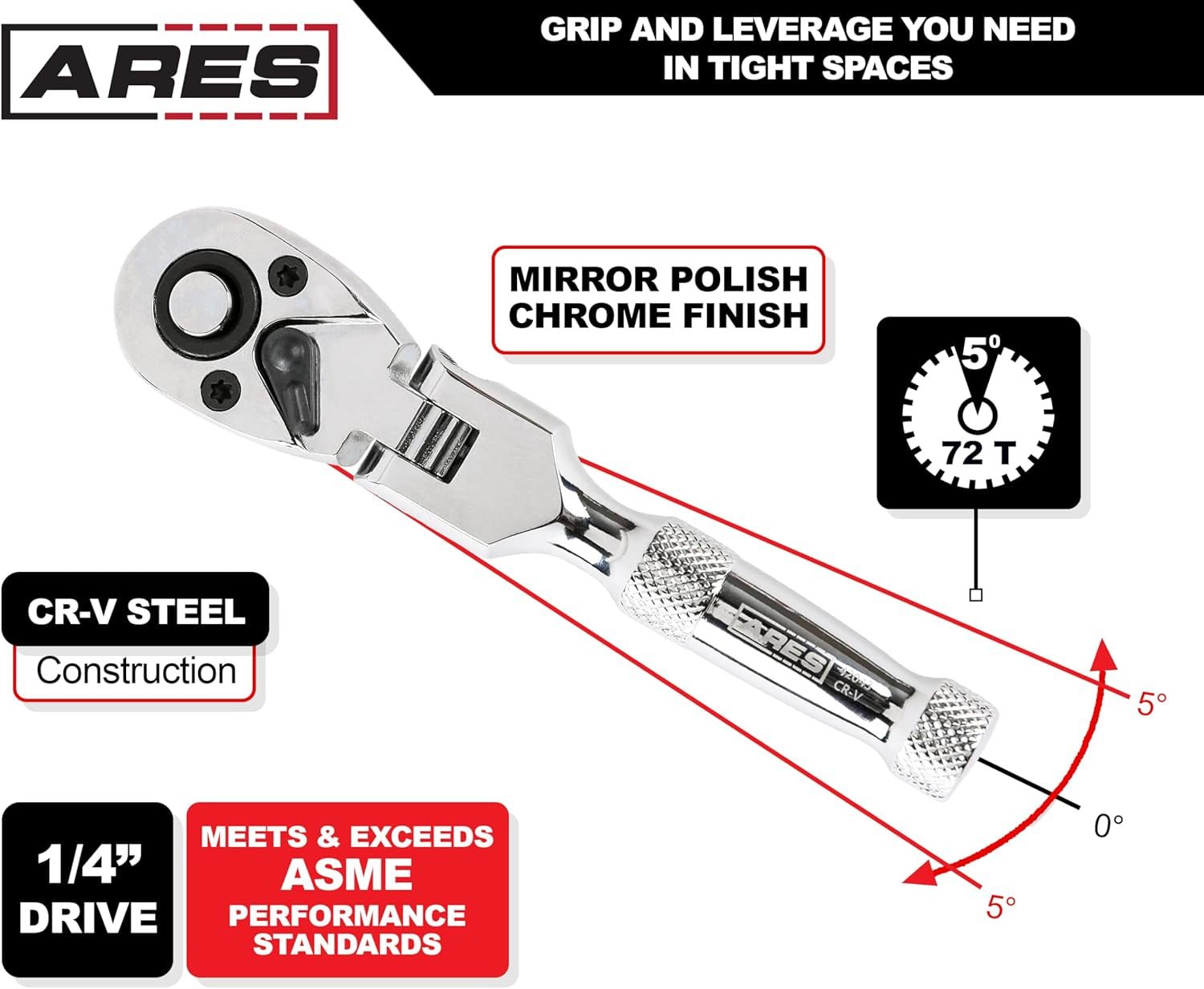 ARES 42043 Flex Head Stubby Ratchet - 1/4-Inch Drive 72-Tooth Precision Tool with Quick Release & Reversible Design - Durable Chrome Vanadium Steel with Mirror Polish Finish