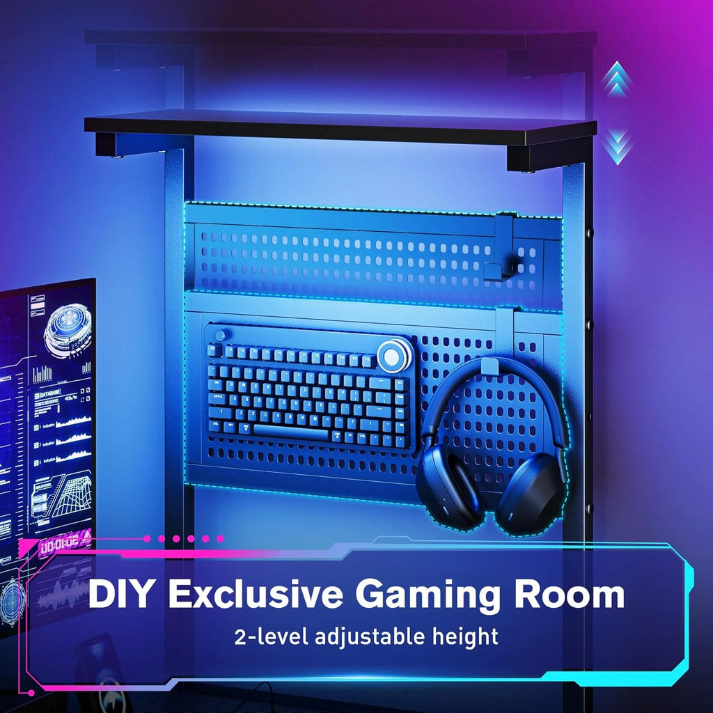55" Gaming Desk with Adjustable Storage Rack & LED Lights, Power Outlets for Adult and Teen