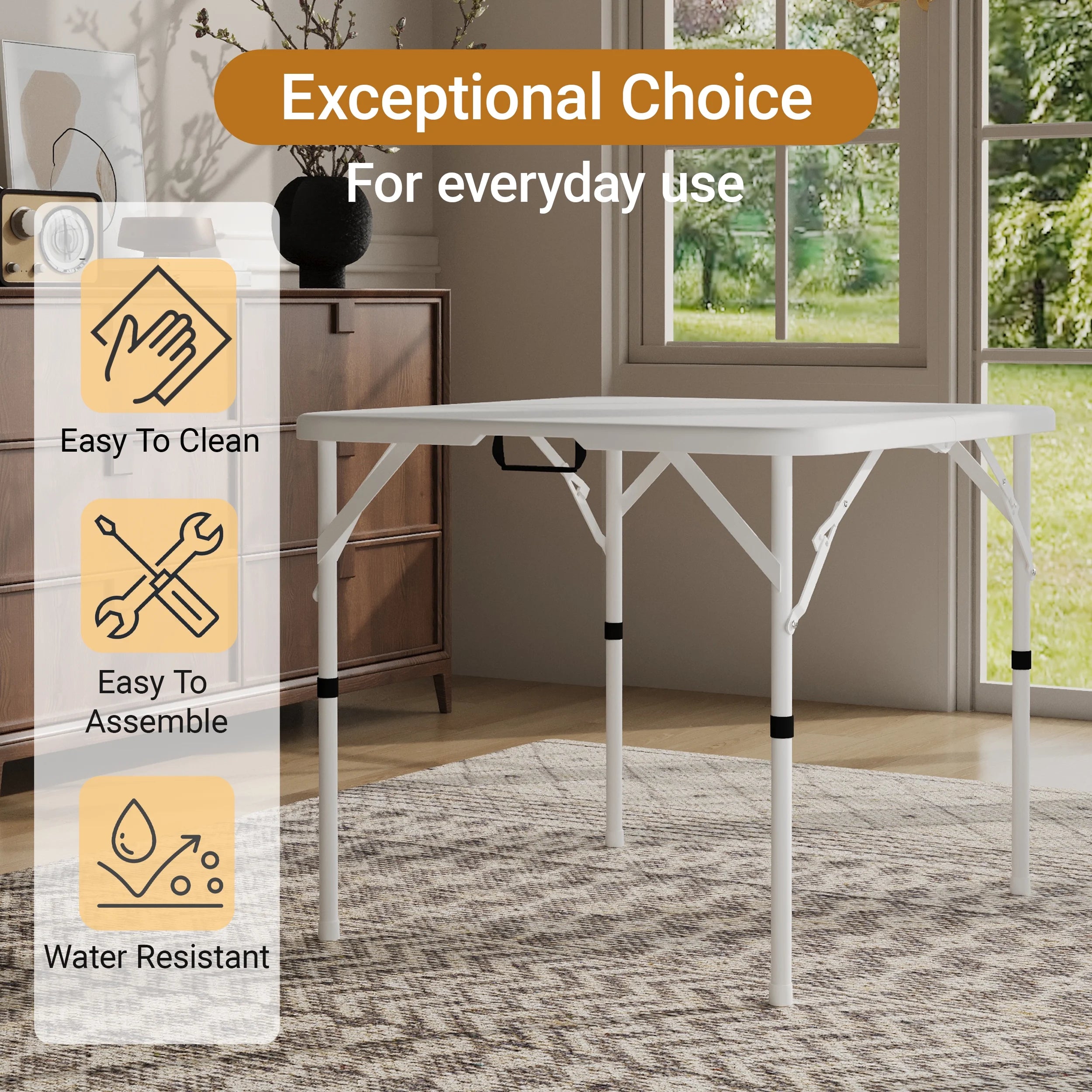 34" Square Folding Table,Fold-In-Half Plastic Card Table,Picnic Party Event Dining Camp Table for Indoor Outdoor,White