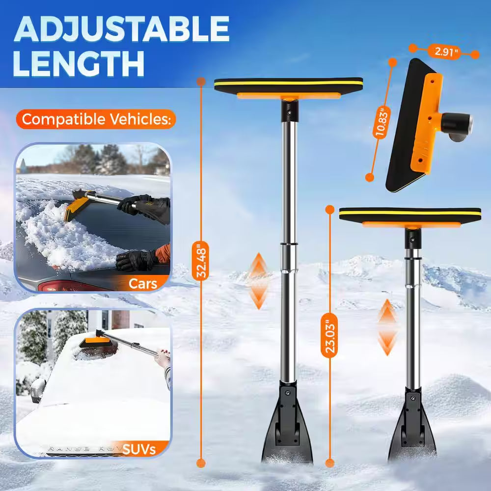32.5 In. Aluminum Handle Foam Head ABS Rake Telescoping Snow Brush with Ice Scraper for Car SUV and Truck