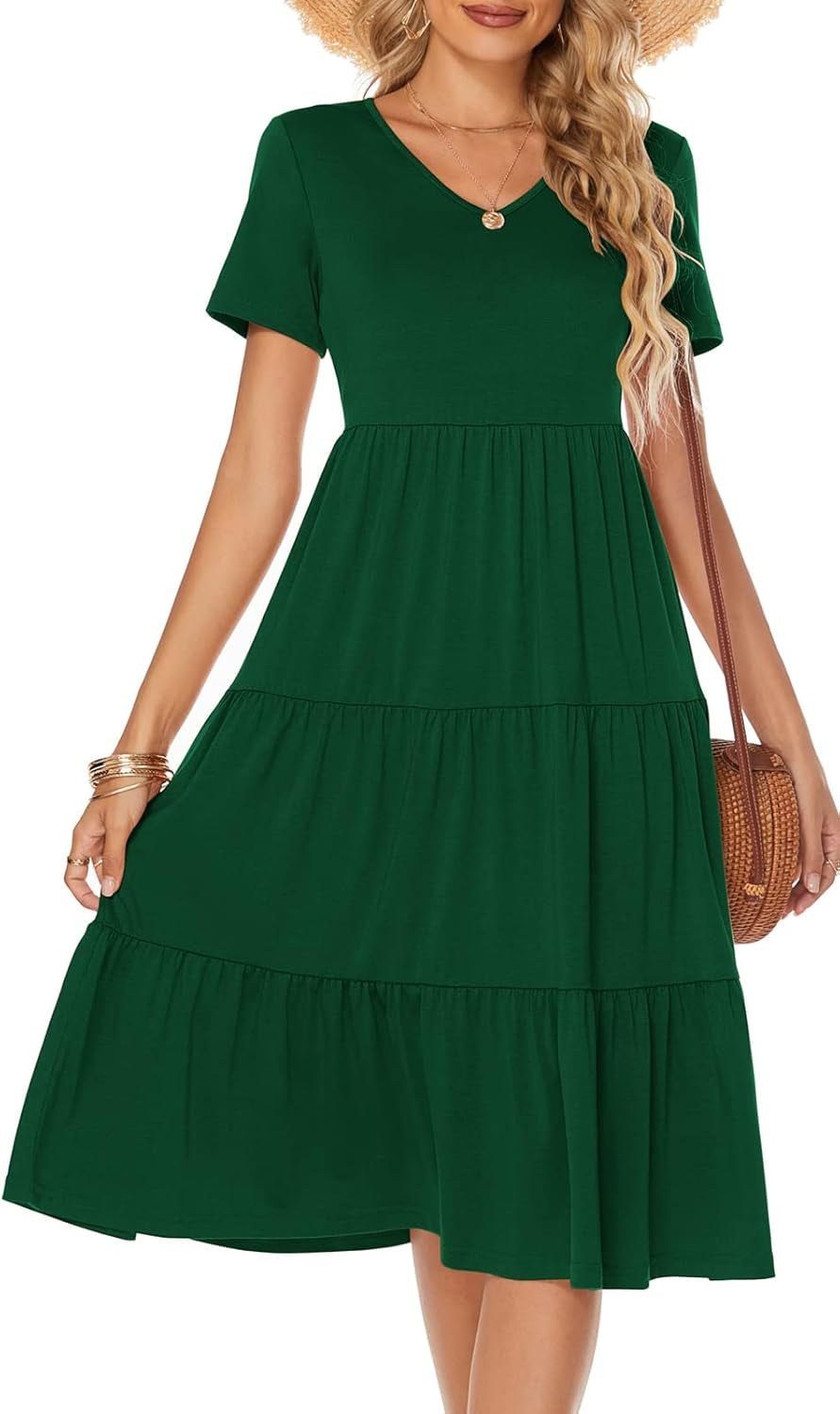 Berydress Women'S Casual Summer Tiered Midi Dress 2025 Short Sleeve V-Neck Loose Cotton Ruffle Babydoll Dress Boho Sundress