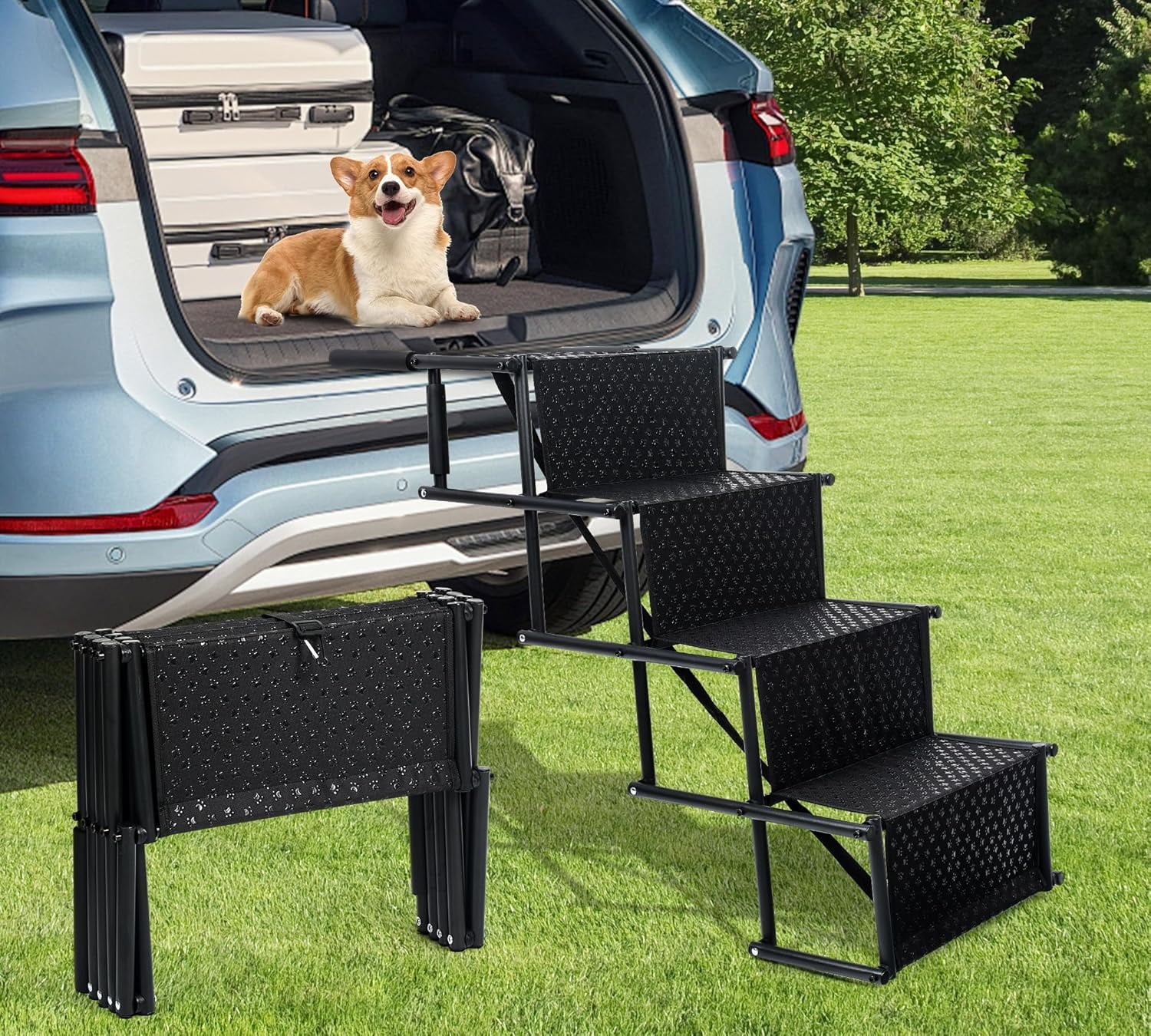 Dog Stairs for Car, Foldable Dog Ramps for Large Dogs with Non Slip Surface, Portable Dog Steps for Cars and SUV, Truck, Support up to 150 Lbs (4 Steps)