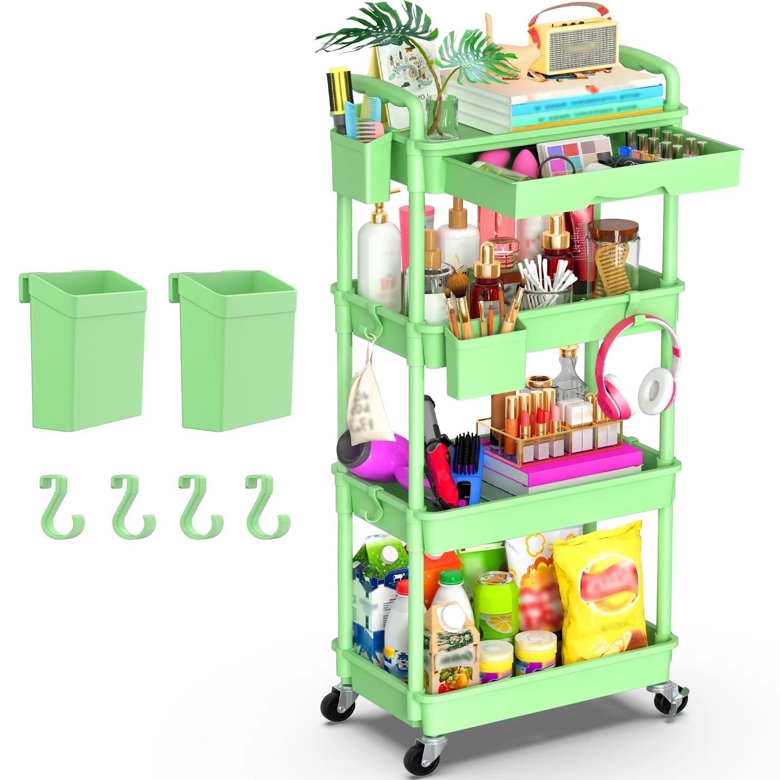 Yeabett 4 Tier Rolling Utility Cart Organizer with Removable Drawer, Mobile Storage Carts with 2 Lockable Wheels for Bathroom, Kitchen, Snack, Craft, Makeup, Baby Essentials, White
