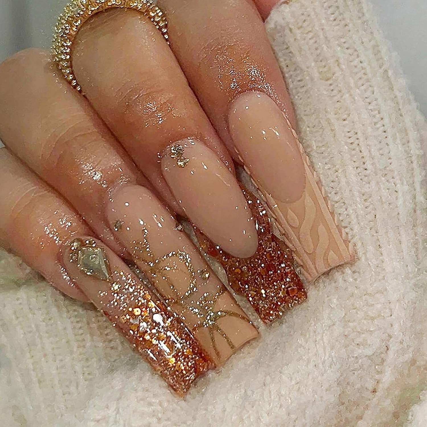 MISUD Long Square Press-On Nails - Black French Tip with Acrylic Flower Rhinestone Design, 24 Pcs