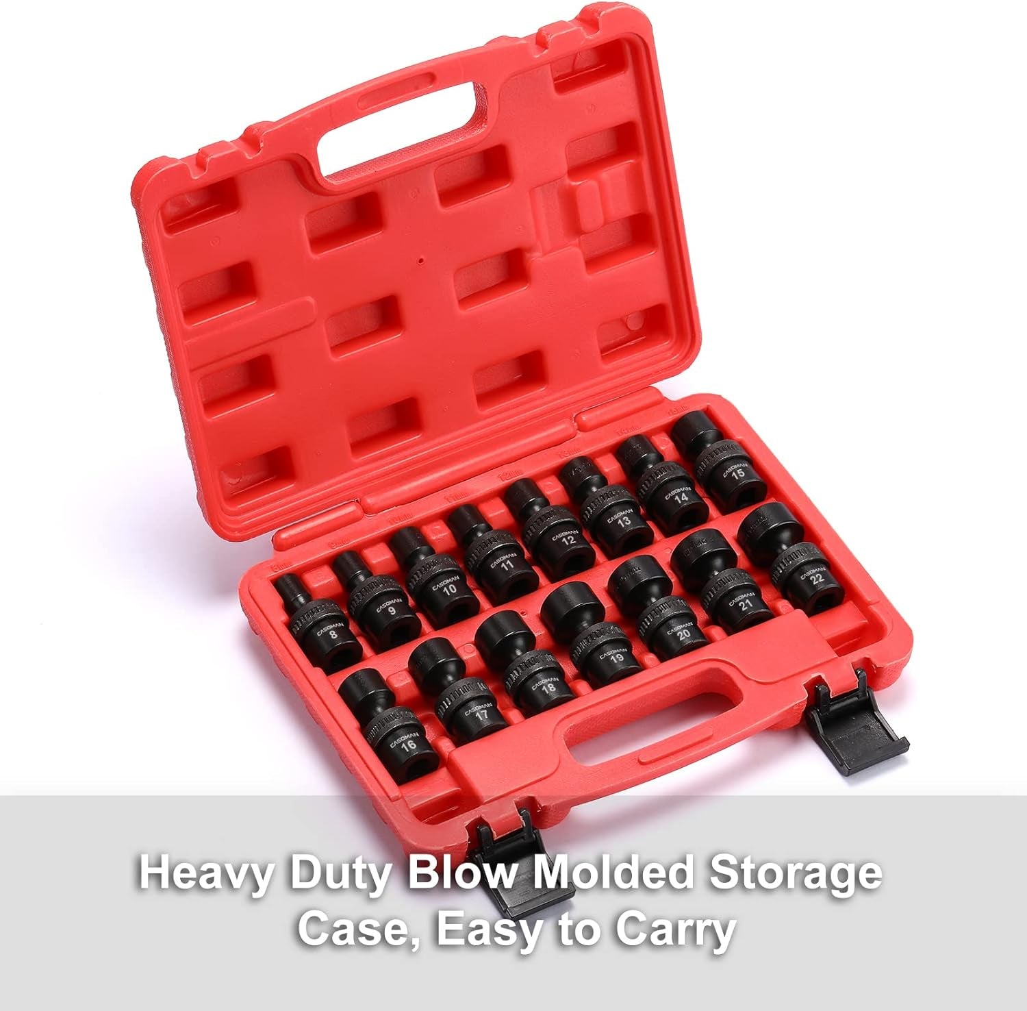 CASOMAN 15-Piece 3/8" Drive Metric Universal Impact Socket Set - 6-Point, 8mm to 22mm